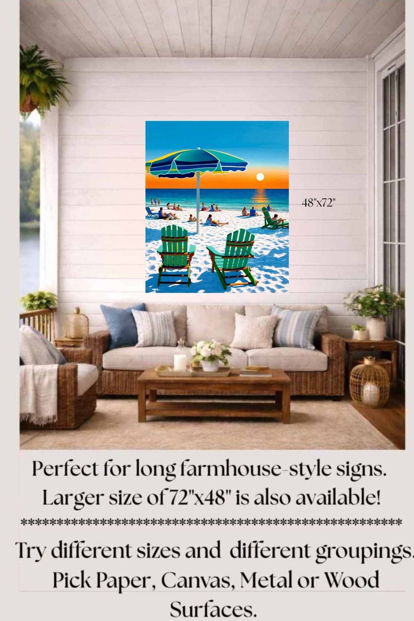 Beach Sunset With Adirondack Chairs| Beach Tropical Print| Giclee Paper- Wood- Metal- Canvas