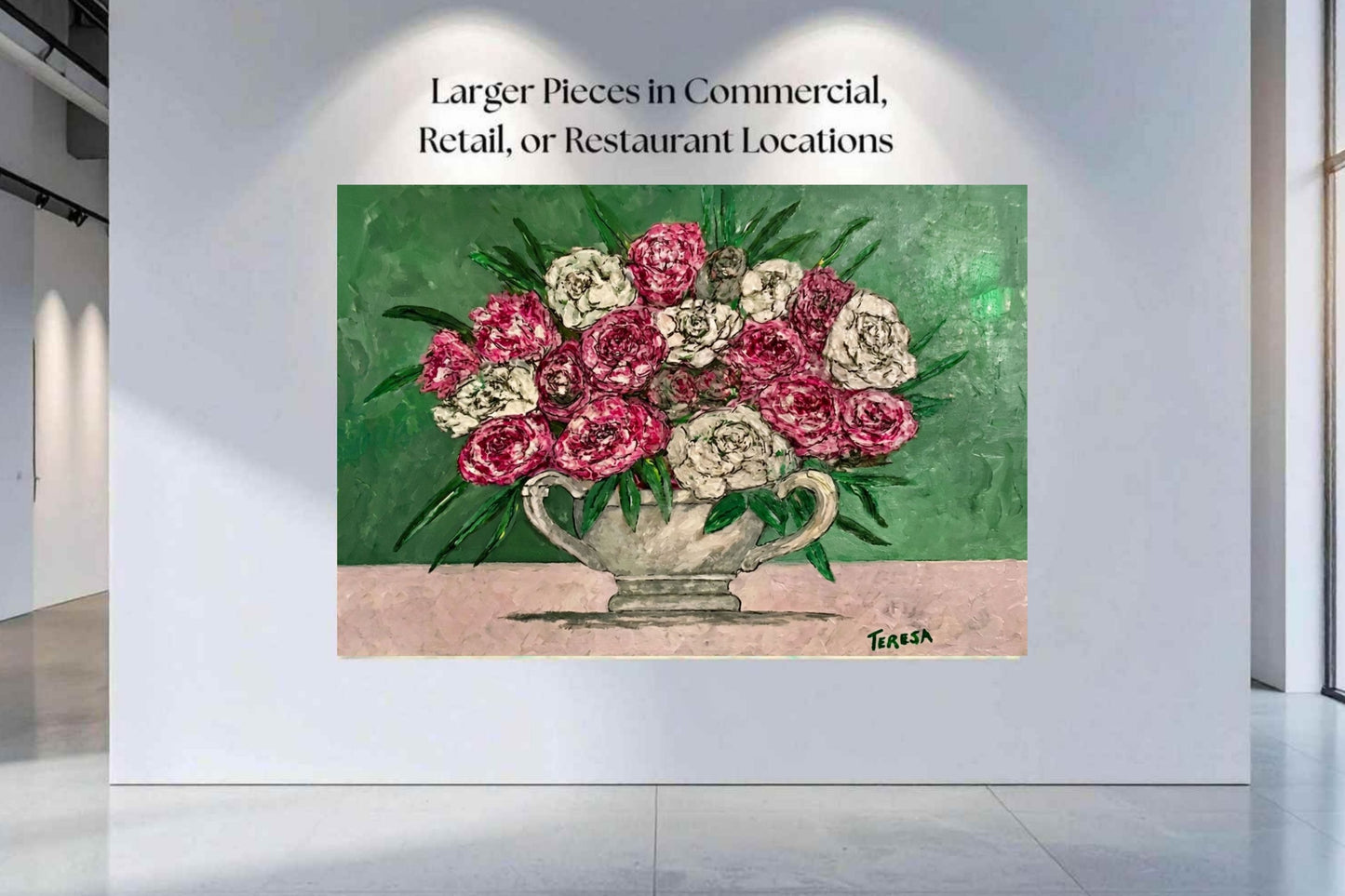 Garden's Best Arrangement | Original Teresa Johnson Floral Painting | Pink & White Roses in Vintage Pitcher | Giclée Paper • Wood • Metal • Canvas