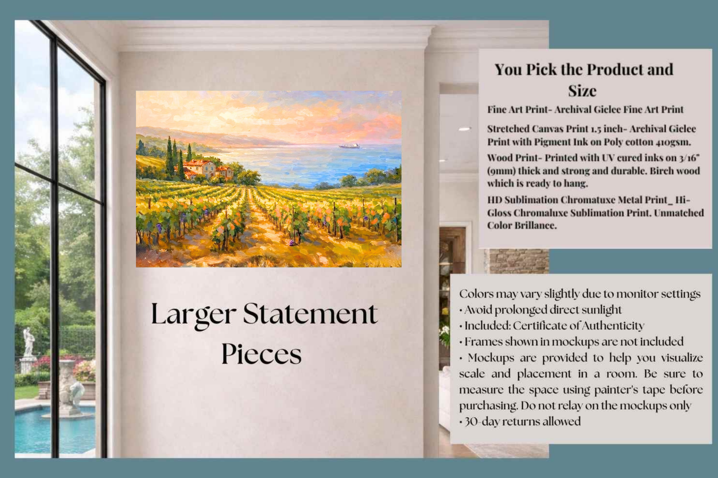 Mediterranean Vineyard by the Sea | Wine Country Art | Giclée Paper • Canvas • Birch Wood • Metal Panels