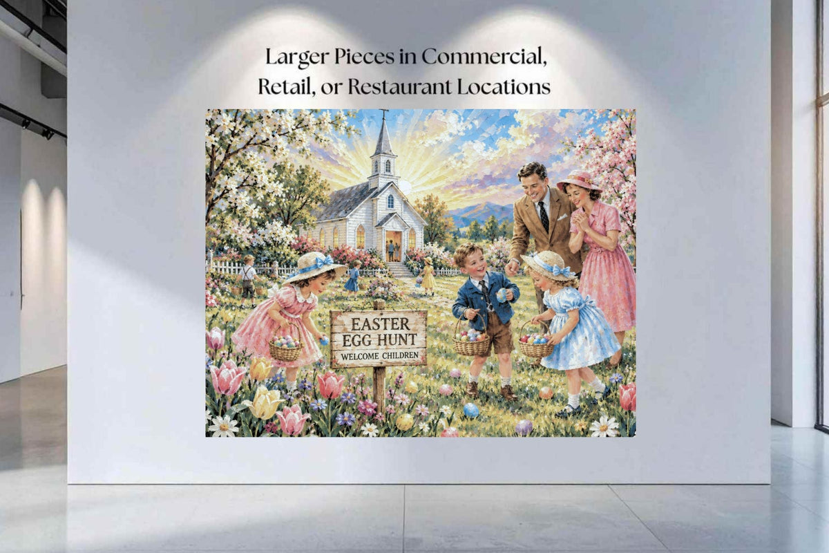 Easter Egg Hunt At the Country Church | Giclee Paper, Prints, Canvas, Wood, or Metal Art