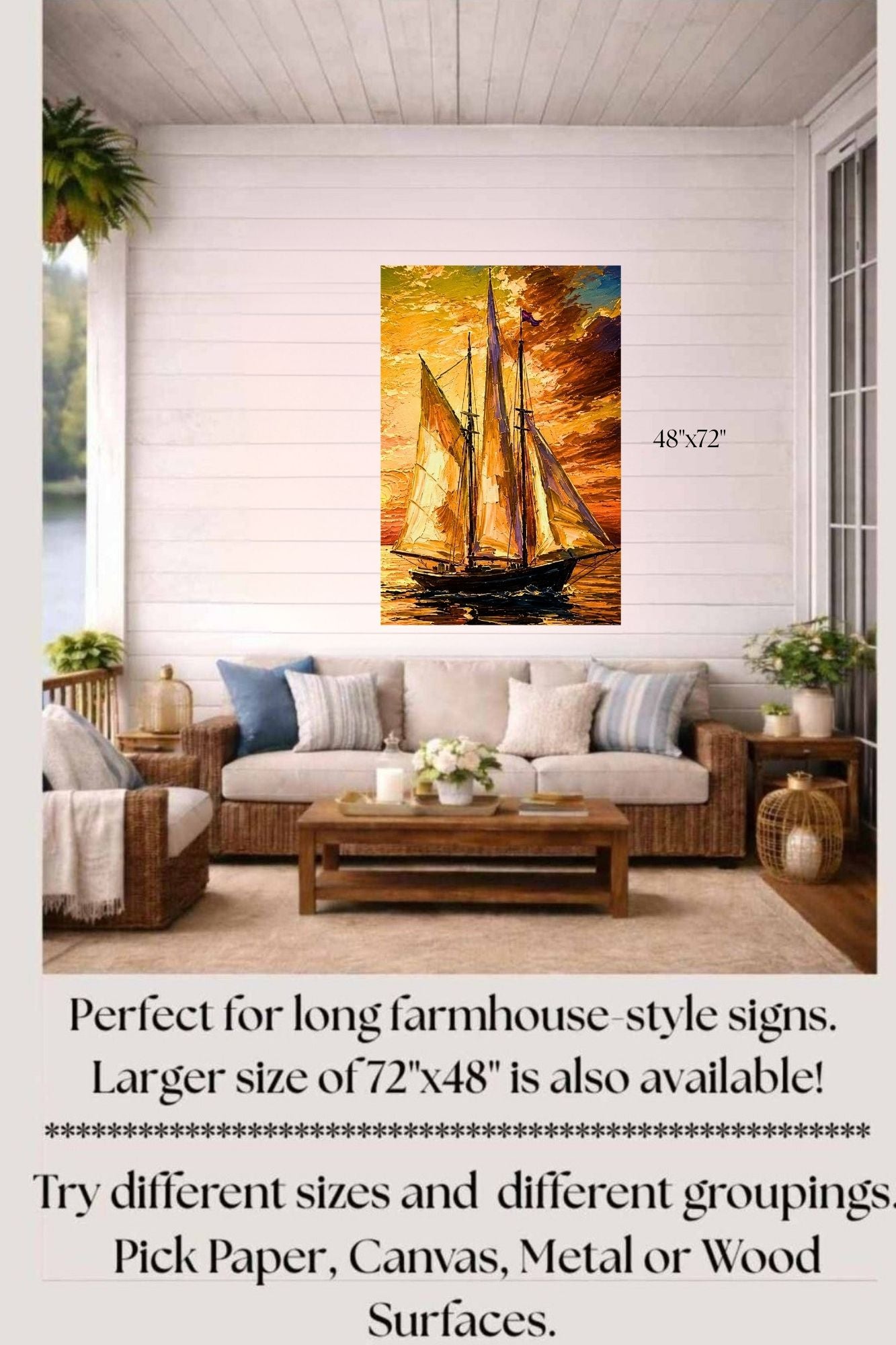 Golden Evening Voyage | Impressionist Sailboat Sunset Wall Art | Coastal Ocean Painting | Giclée Print on Paper, Canvas, Wood & Metal