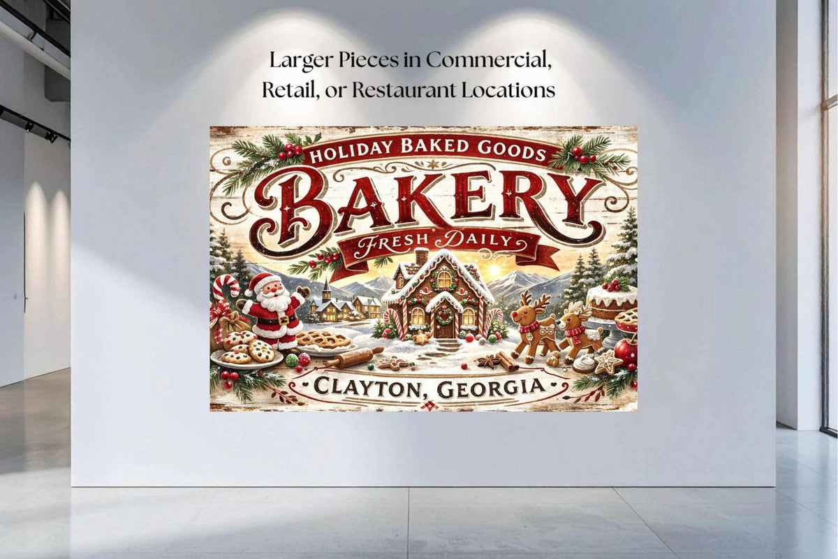 Christmas Bakery Clayton Georgia Vintage Style Sign- Art Giclee Paper- Wood- Metal- Canvas