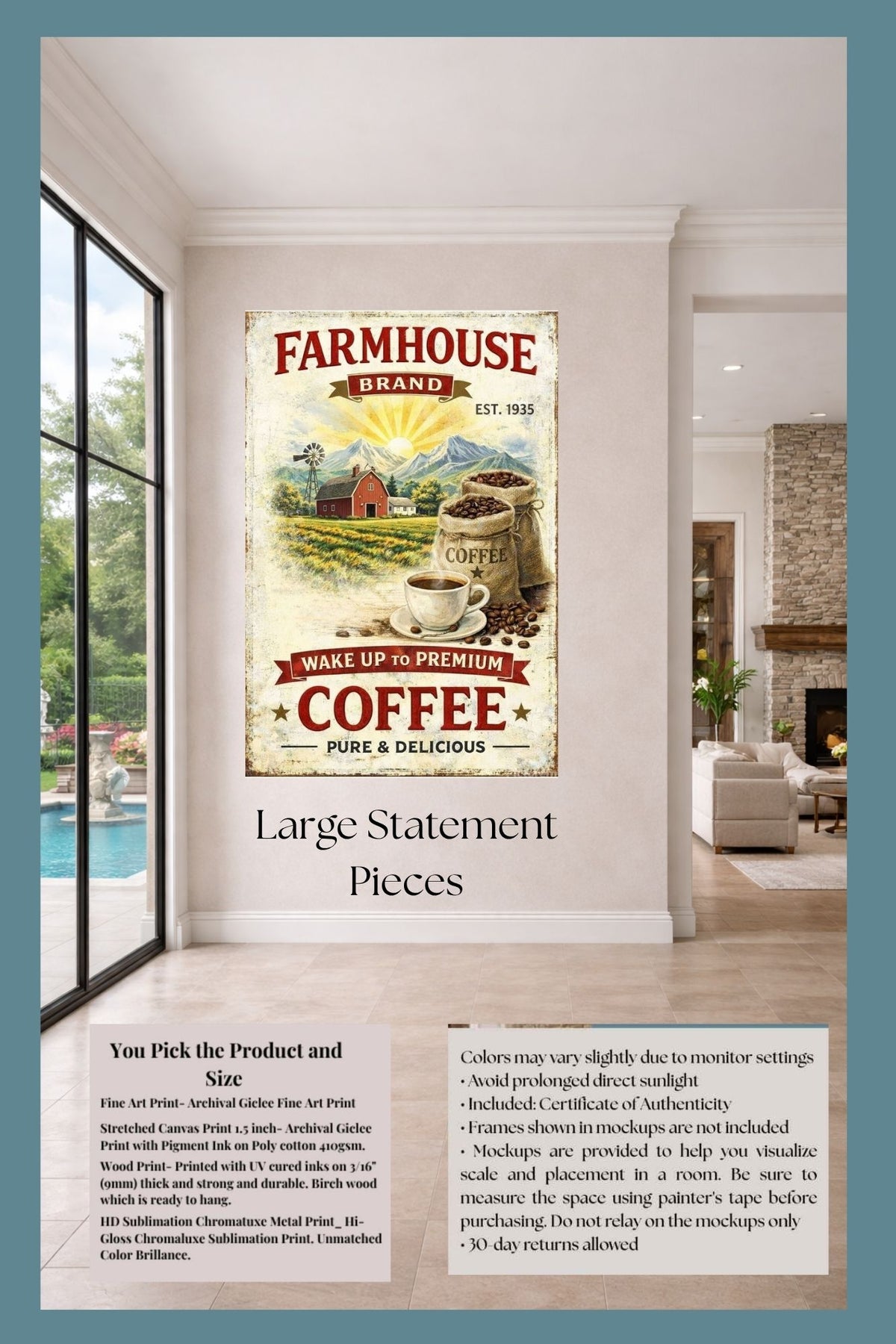 Farmhouse Morning Coffee | Vintage Coffee Sign Wall Art | Prints on Paper, Canvas, Wood or Metal