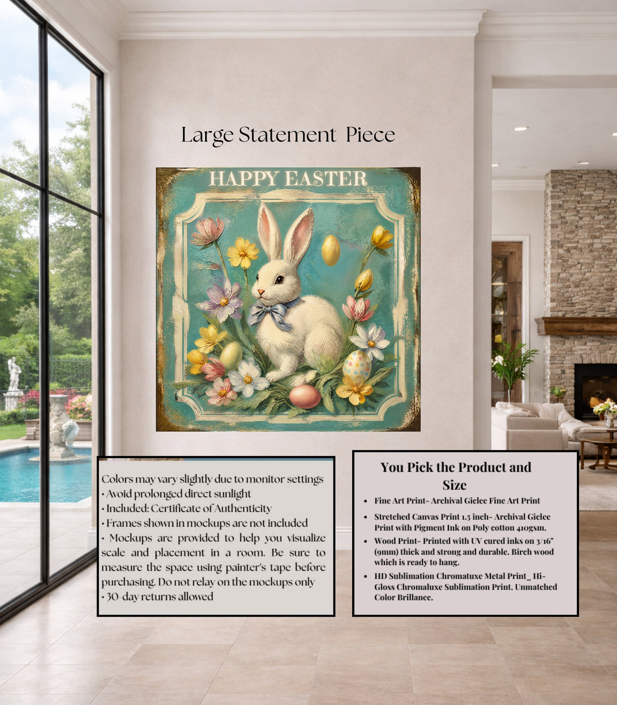 Happy Easter Bunny Art| Vintage Style Midcentury Flower Design| Giclee Paper- Wood- Metal- Canvas
