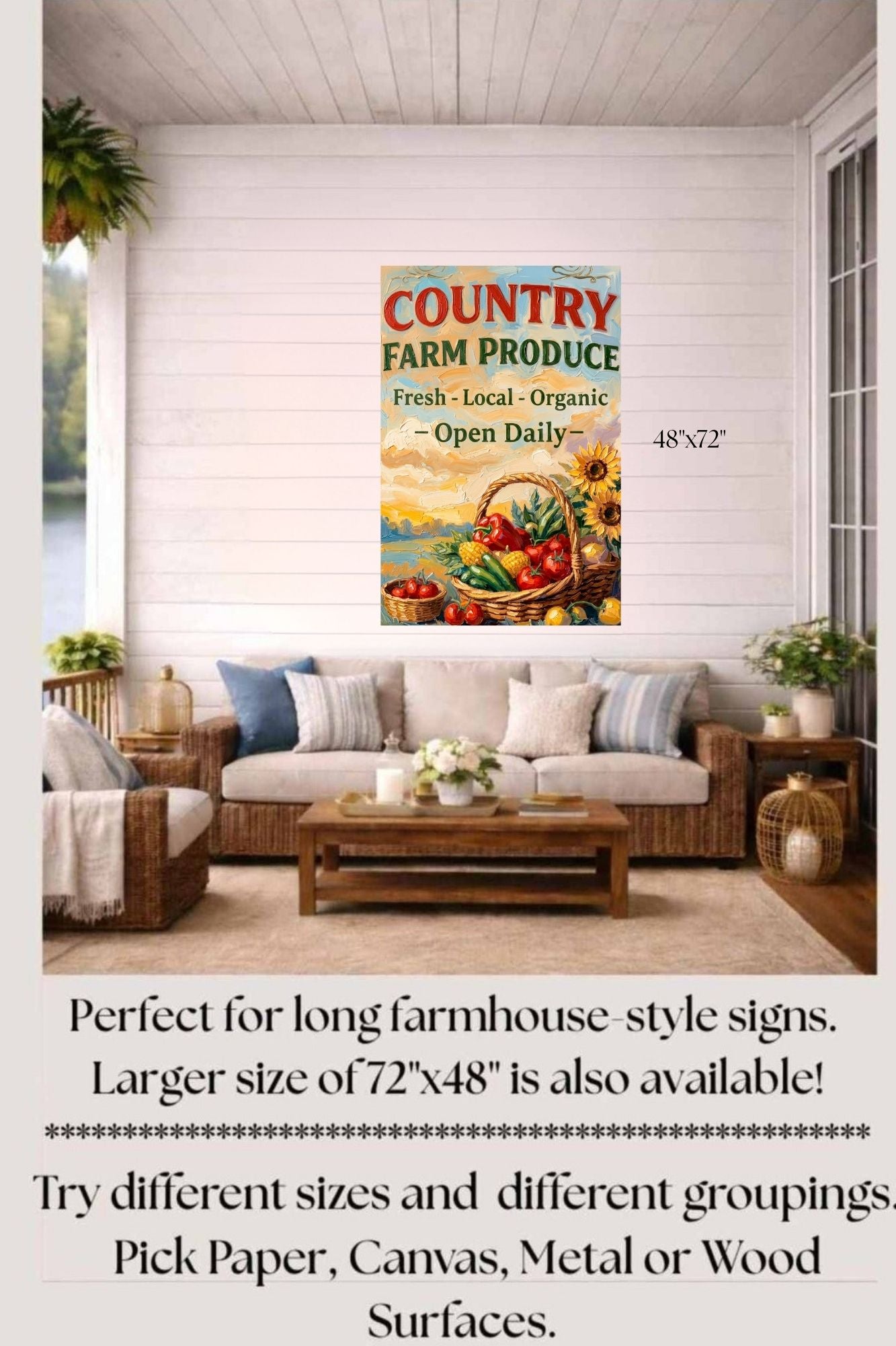 Country Farm Produce Sign | Fresh Local Organic Farm Market Wall Art | Rustic Farmhouse Kitchen Decor | Canvas, Wood, Metal &amp; Giclée Print