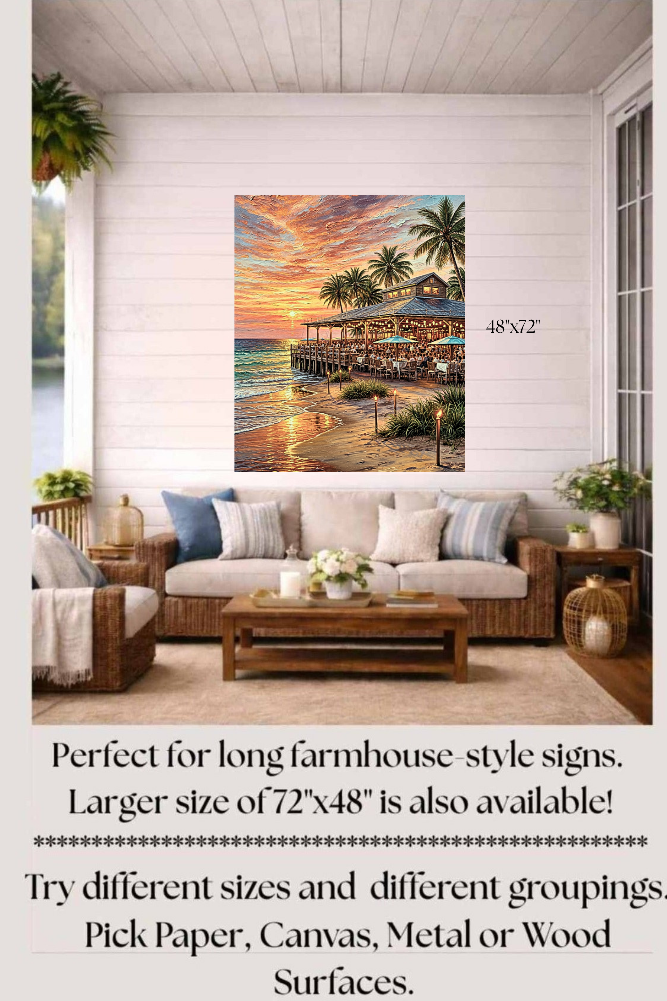 Beachside Dining At Sunset| Coastal Print| Vacation Art| Ocean Beach Print| Travel Poster| Giclee Paper- Wood- Metal- Canvas