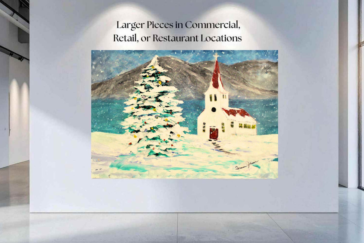 Church In the Rockies| Christmas Tree in Snow art| Giclee Paper- Wood- Metal- Canvas