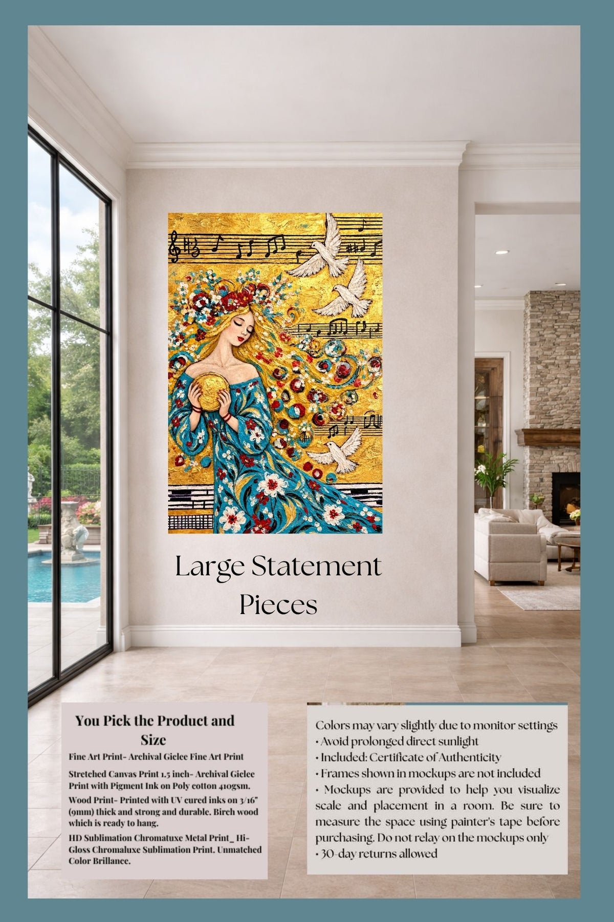 Carol’s Golden Song | Heavenly Inspired Music Art | Woman and Dove Wall Art | Giclée Paper, Canvas, Wood or Metal