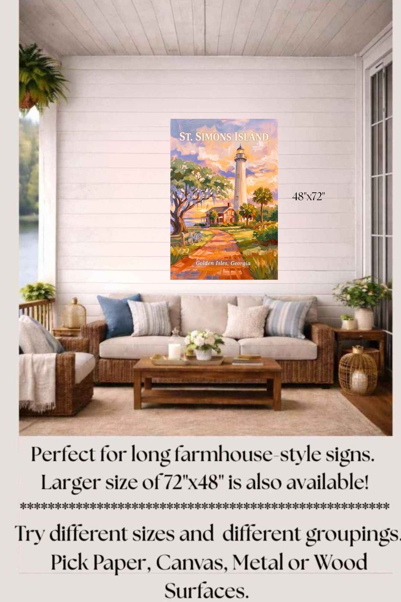 St. Simons Island Lighthouse Scene| Lighthouse Print| Travel Poster|  Giclee Paper- Wood- Metal- Canvas