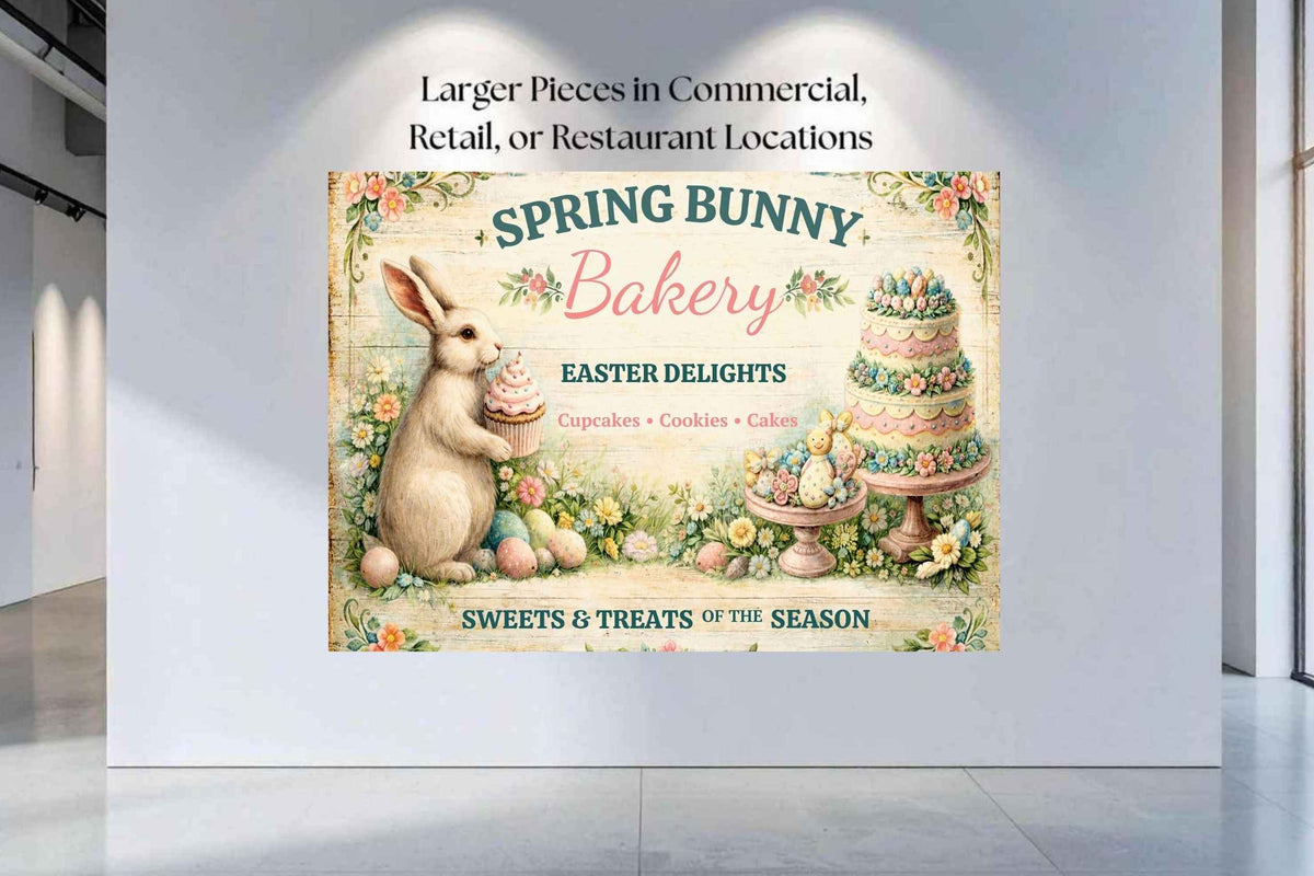 Spring Bunny Bakery Sign With Treats| Prints, Canvas, Wood, or Metal Art