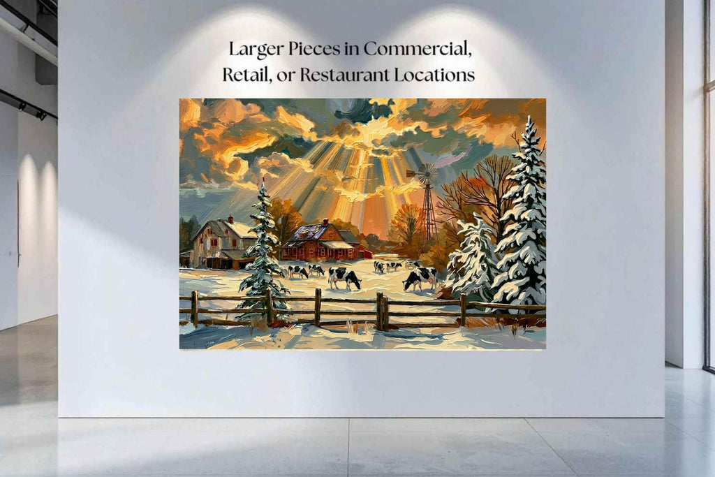 Winter Farm | Farmhouse Print| Snow Covered Ranch | Winter Art | Giclée Paper • Wood • Metal • Canvas