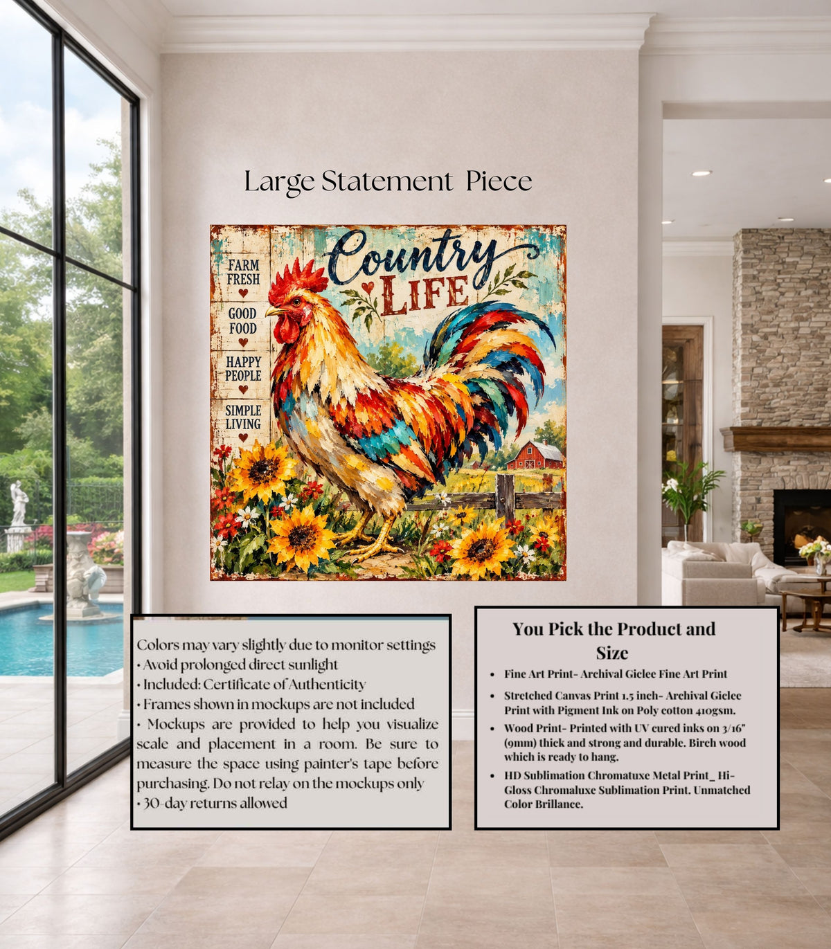 Country Life Rooster | Farm Fresh Country Kitchen Art | Giclée Paper • Wood • Metal • Canvas