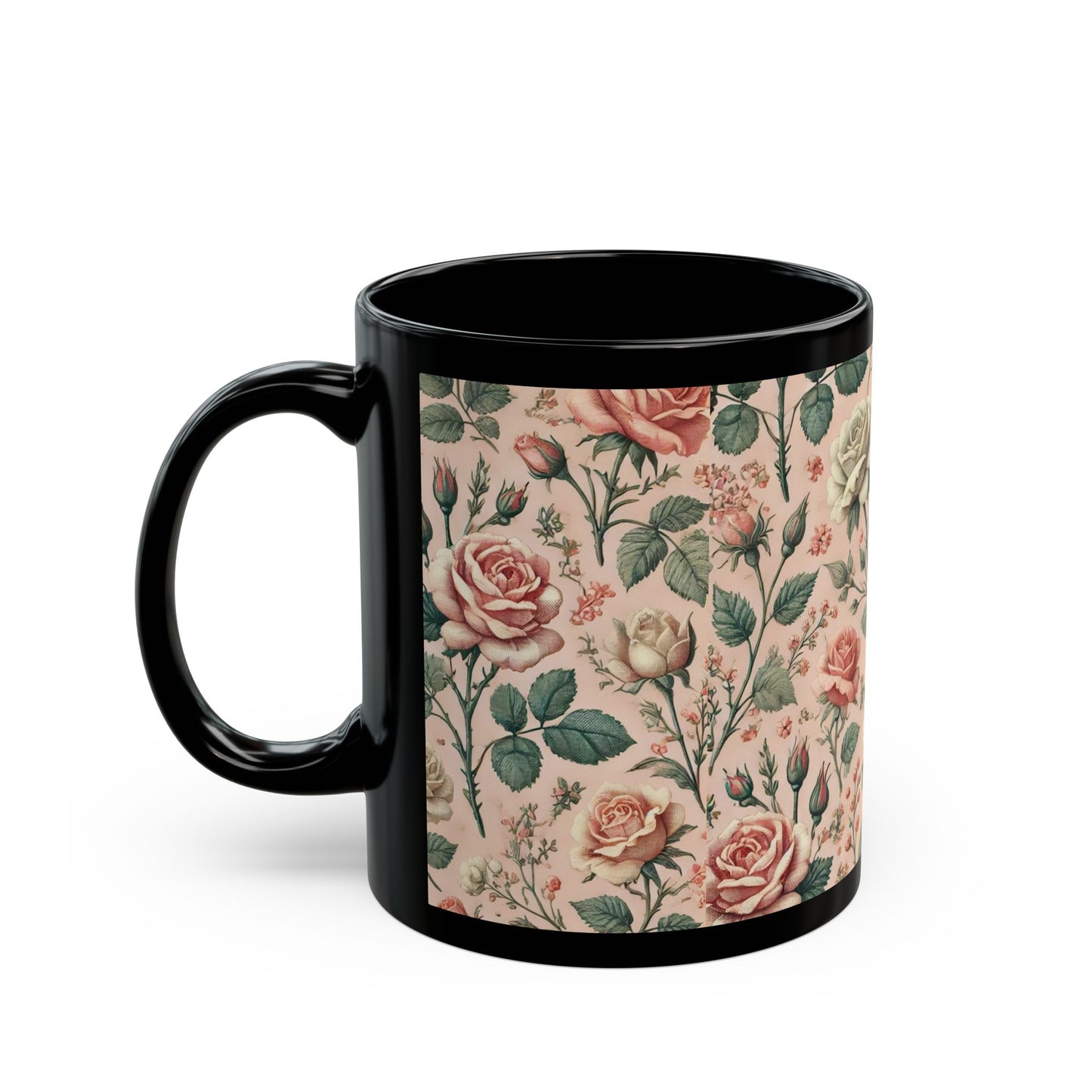 Shabby Chic Pink Roses- 11 oz or 15 oz Ceramic Black Mugs