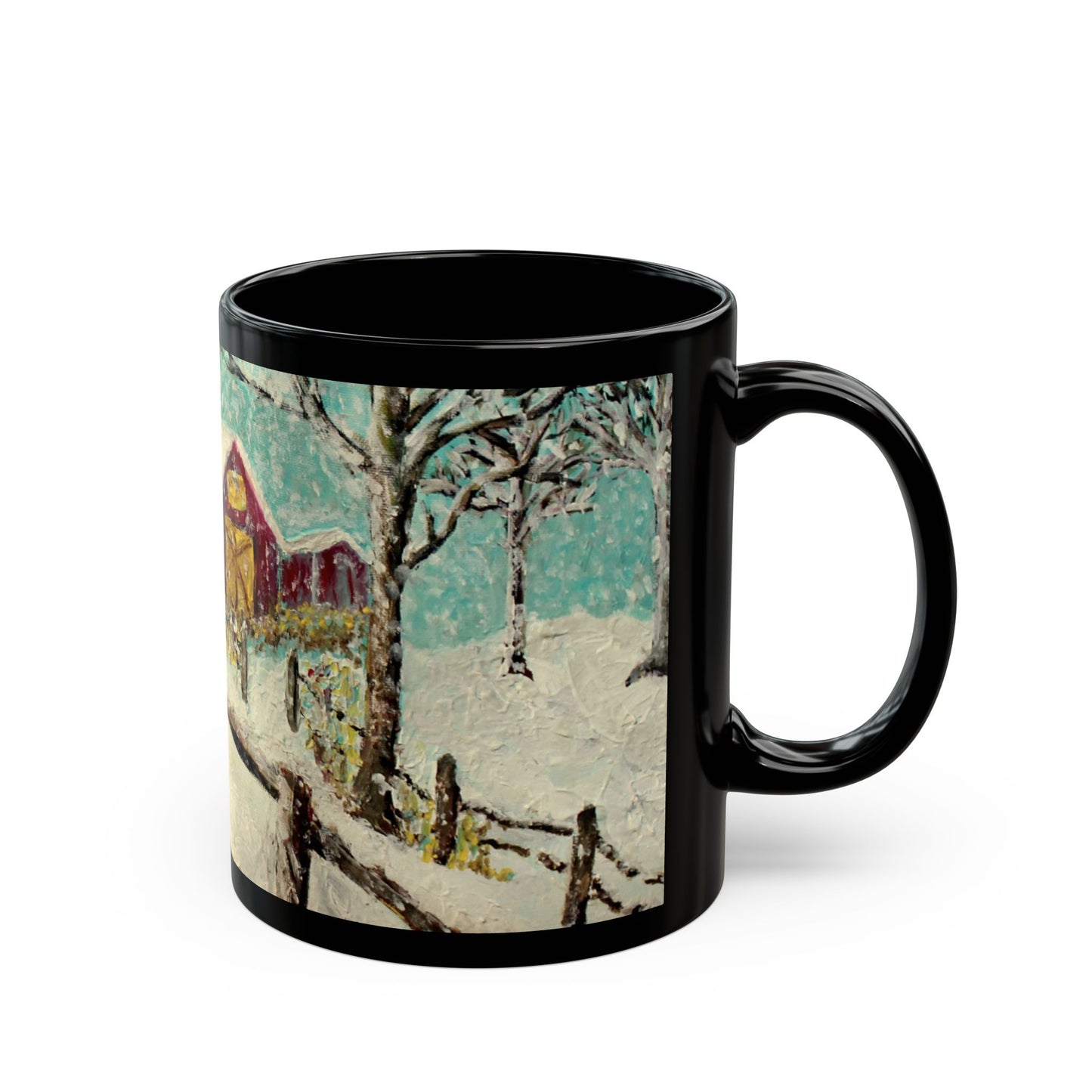 Snowy Christmas Morning - 11 oz or 15 oz Ceramic Black Mugs