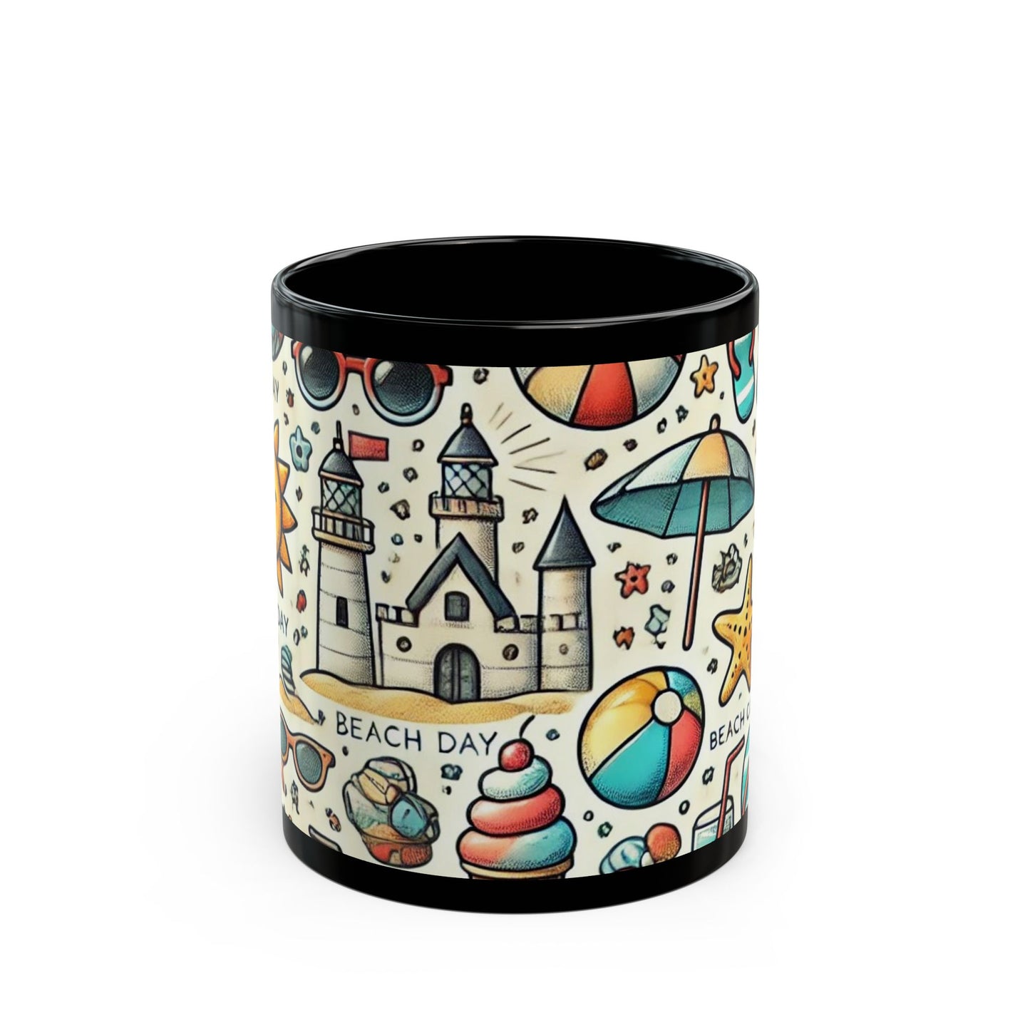 Beach Day Fun- 11 oz or 15 oz Ceramic Black Mugs