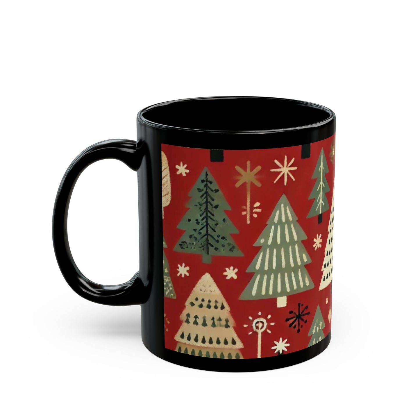 Christmas Tree Green and Red- 11 oz or 15 oz Ceramic Black Mugs