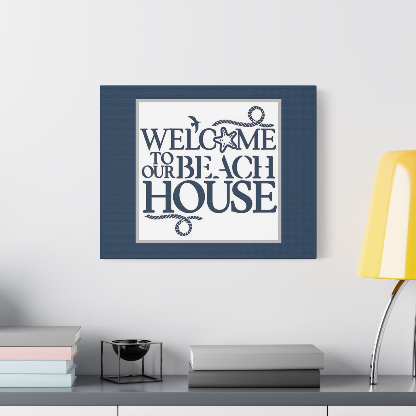 Welcome to Our Beach House- Blue Background - Art- Gallery Wrapped- Satin Stretched Canvas Gallery Wraps - No Frame Needed