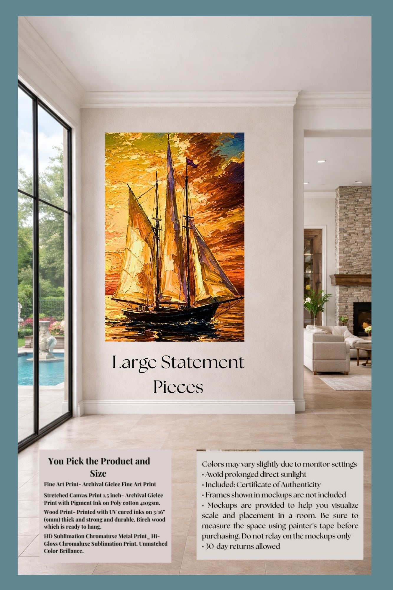 Golden Evening Voyage | Impressionist Sailboat Sunset Wall Art | Coastal Ocean Painting | Giclée Print on Paper, Canvas, Wood & Metal