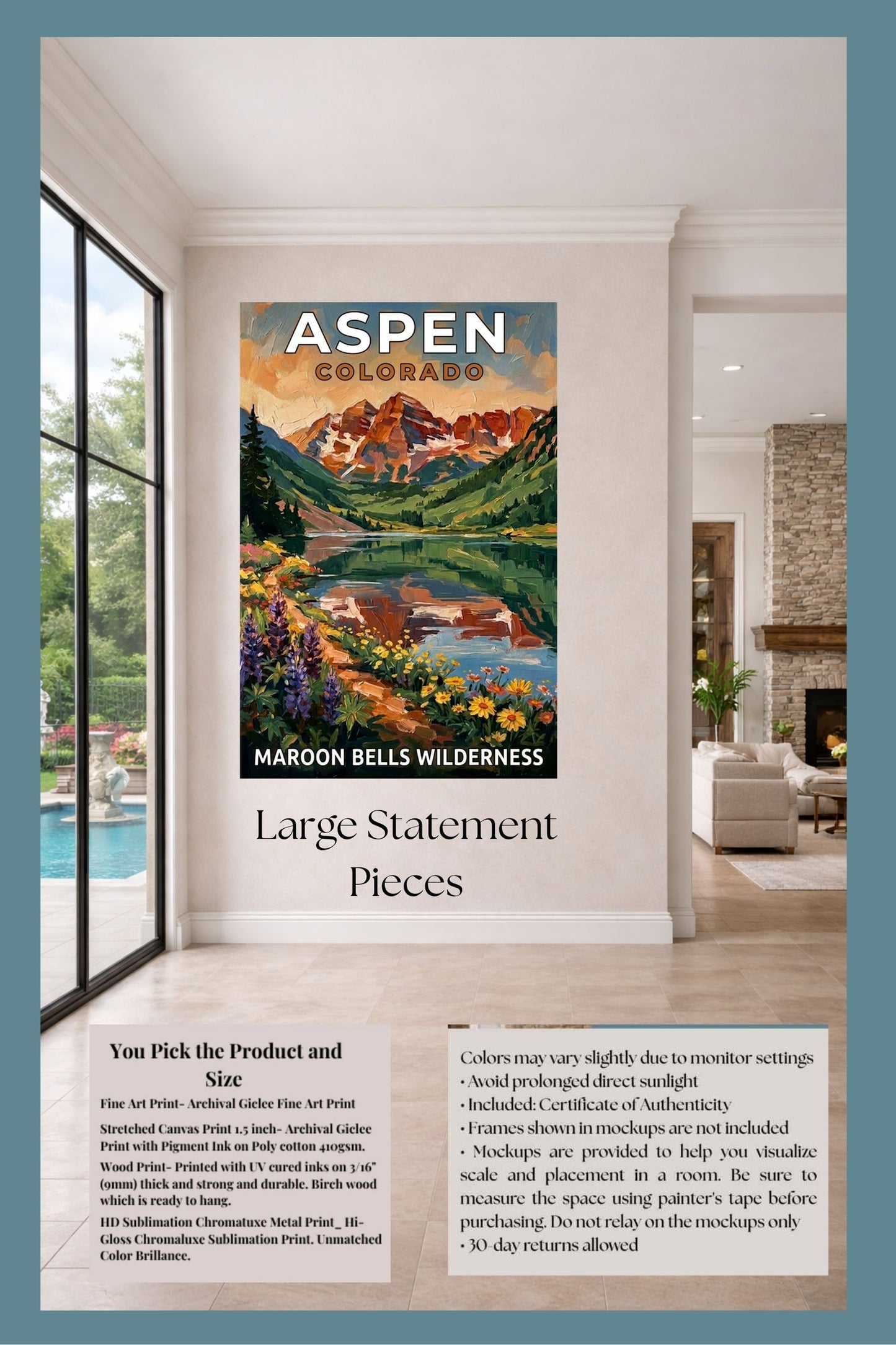 Aspen Colorado – Maroon Bells Wilderness | Mountain Lake Travel Poster | Impressionist Rocky Mountain Wall Print| Giclée Canvas, Metal, Wood & Paper Print