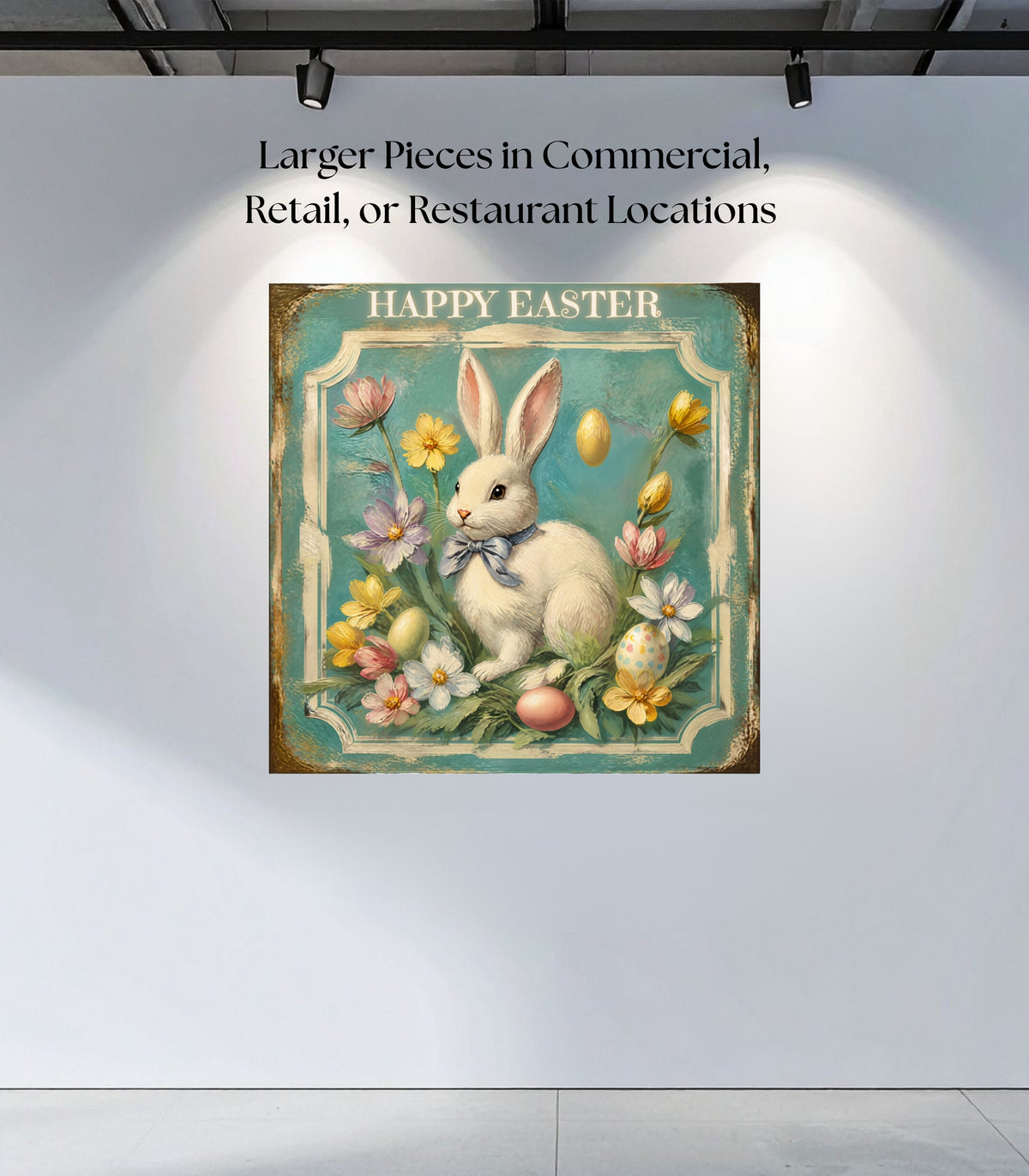 Happy Easter Bunny Art| Vintage Style Midcentury Flower Design| Giclee Paper- Wood- Metal- Canvas