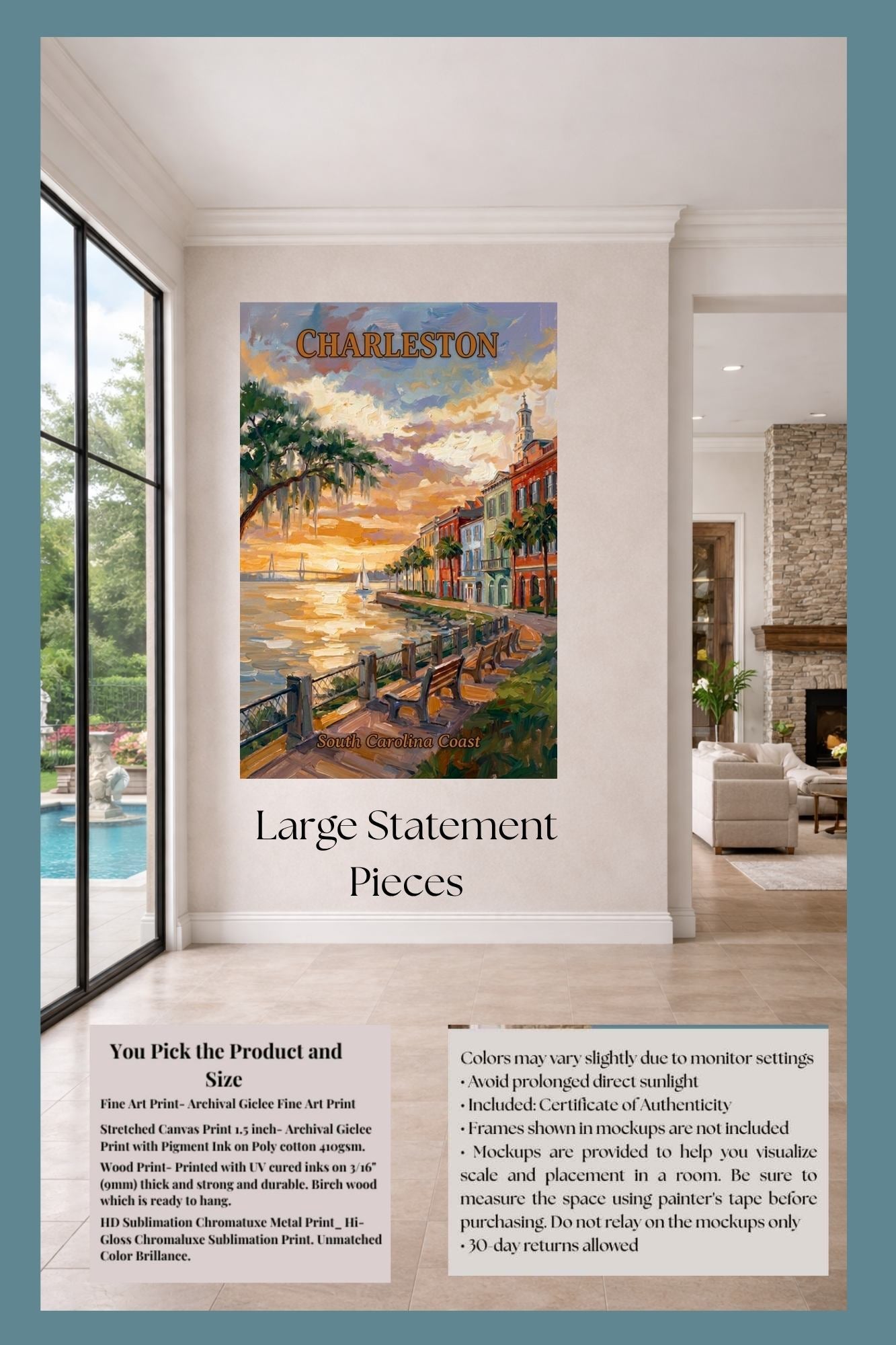 Charleston Sunset And Coastal Charm| US East Coast Art | Travel Poster|Prints Giclee Paper Giclee Canvas Birch Wood And Metal Panels