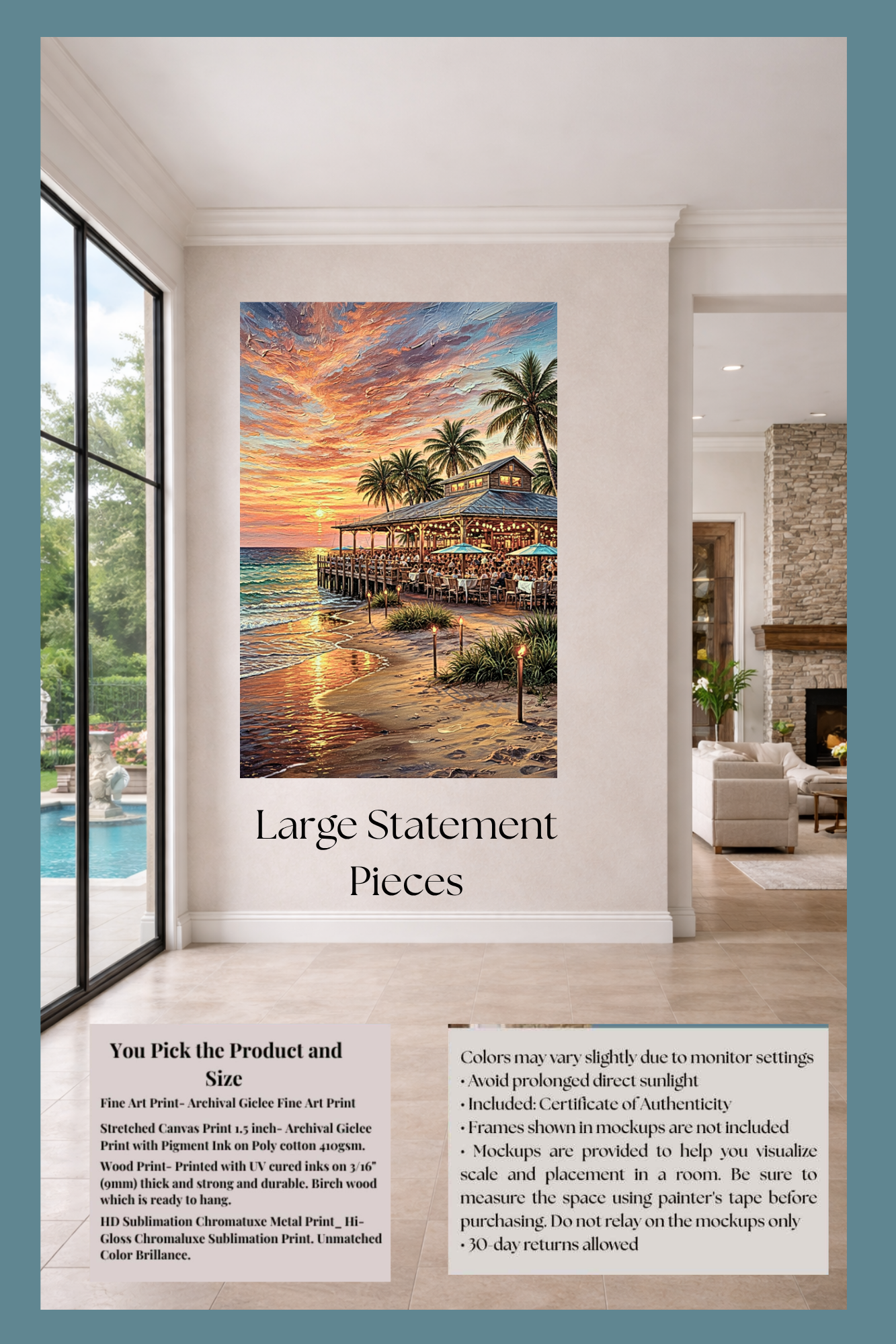 Beachside Dining At Sunset| Coastal Print| Vacation Art| Ocean Beach Print| Travel Poster| Giclee Paper- Wood- Metal- Canvas