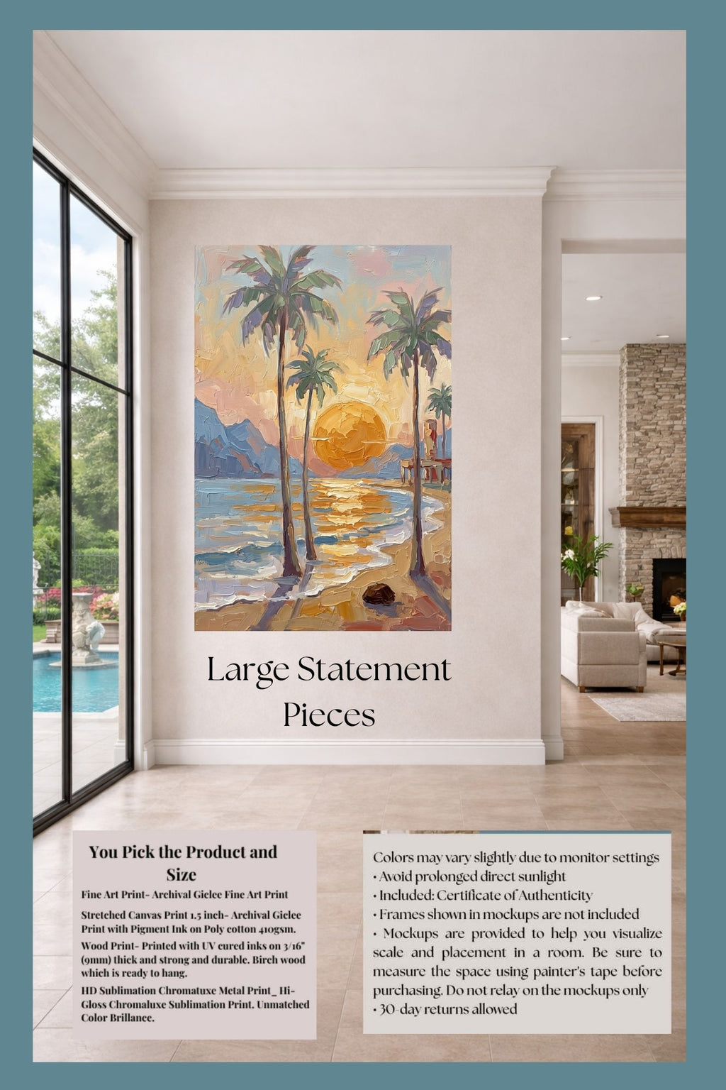 Tropical Sunset View | Impressionist Island Beach Wall Art | Coastal Palm Tree Painting | Giclée Print on Paper, Canvas, Wood & Metal
