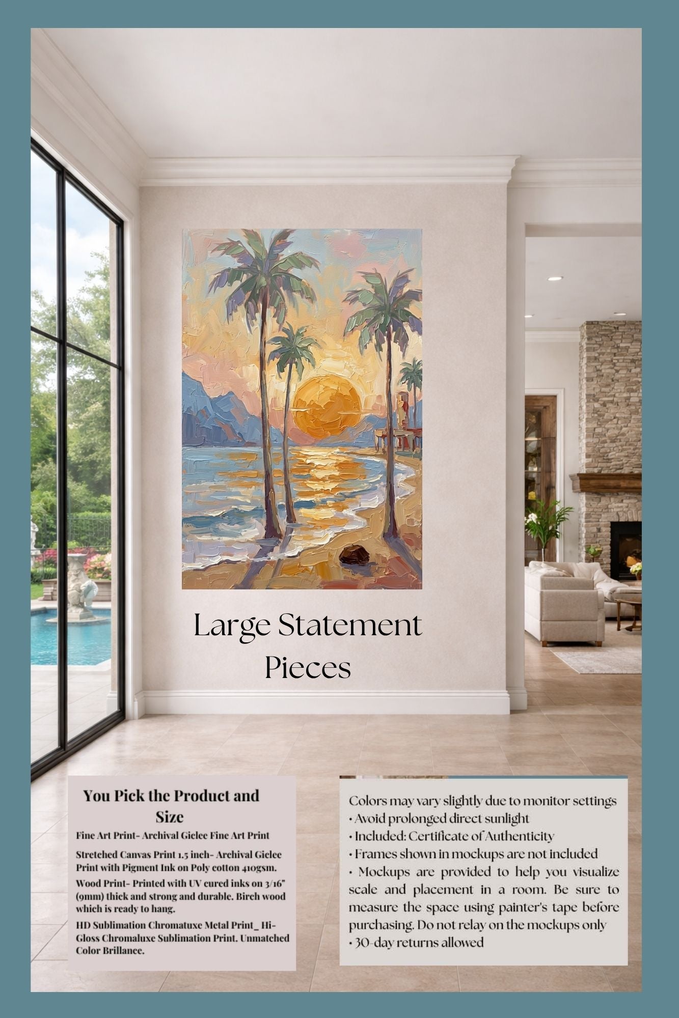 Tropical Sunset View | Impressionist Island Beach Wall Art | Coastal Palm Tree Painting | Giclée Print on Paper, Canvas, Wood & Metal