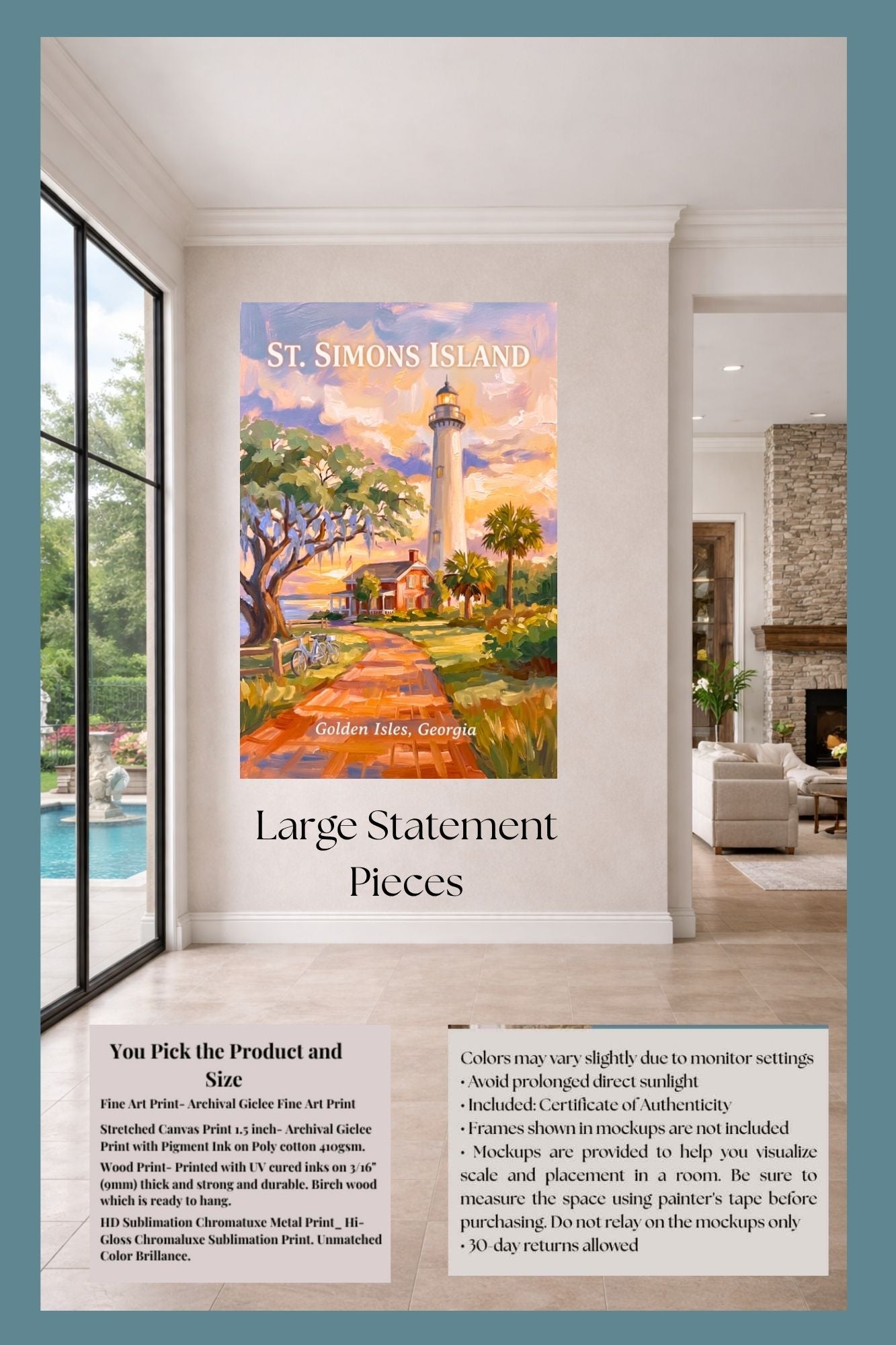 St. Simons Island Lighthouse Scene| Lighthouse Print| Travel Poster|  Giclee Paper- Wood- Metal- Canvas