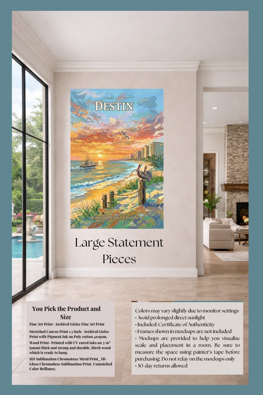 Emerald Coast Sunset In Destin| Travel Poster Art| Giclee Paper- Wood- Metal- Canvas