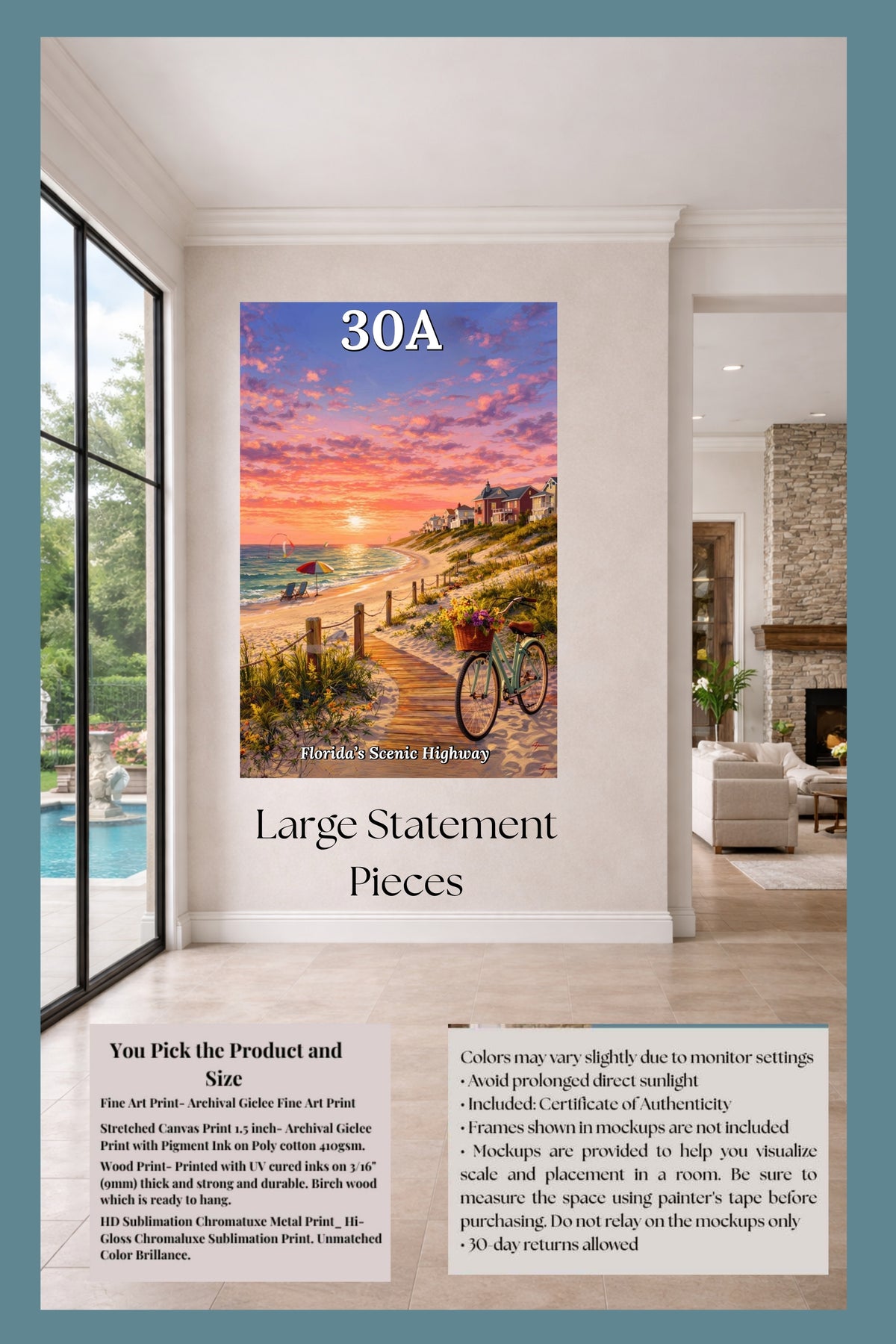 Bicycle Ride Along Florida 30A| Beach and Sunset Art| Travel Poster| Giclee Paper- Wood- Metal- Canvas