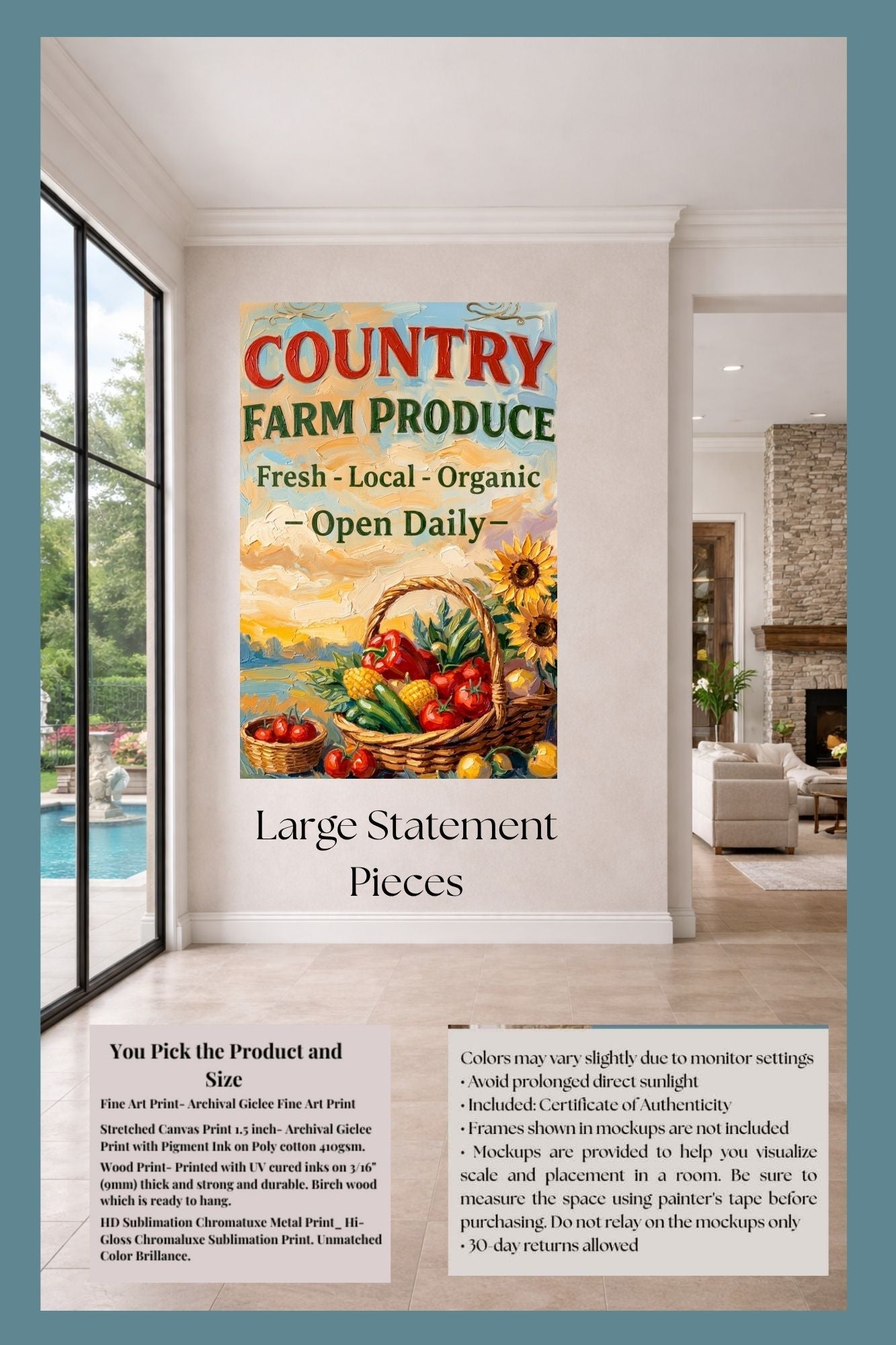 Country Farm Produce Sign | Fresh Local Organic Farm Market Wall Art | Rustic Farmhouse Kitchen Decor | Canvas, Wood, Metal &amp; Giclée Print