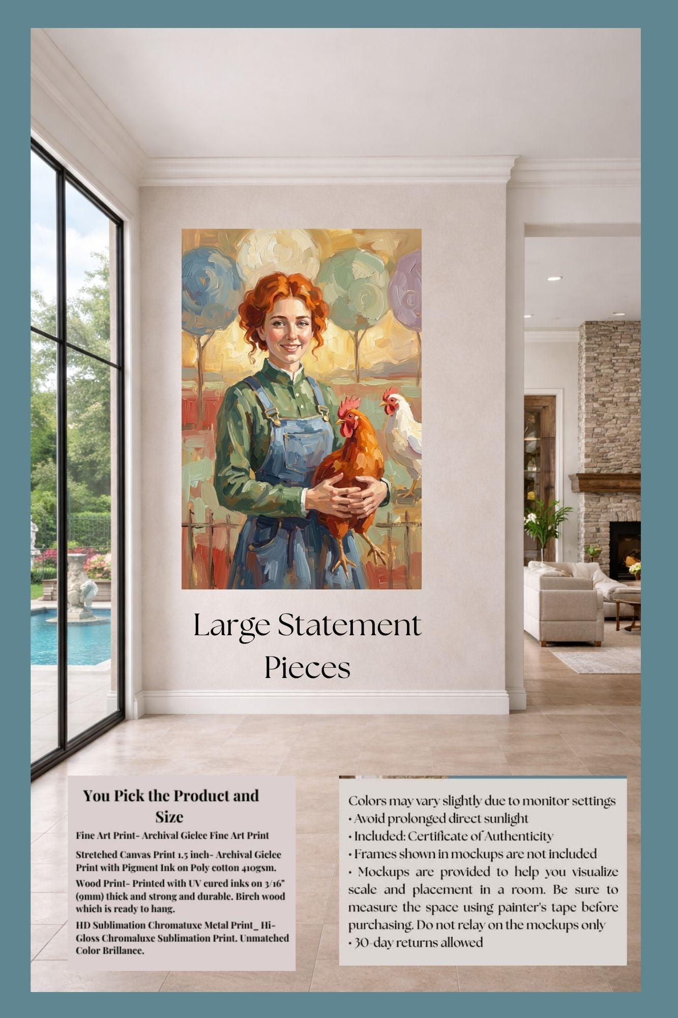 Modern Farm Woman| Farm-Chicken Art| Giclee Paper- Wood- Metal- Canvas