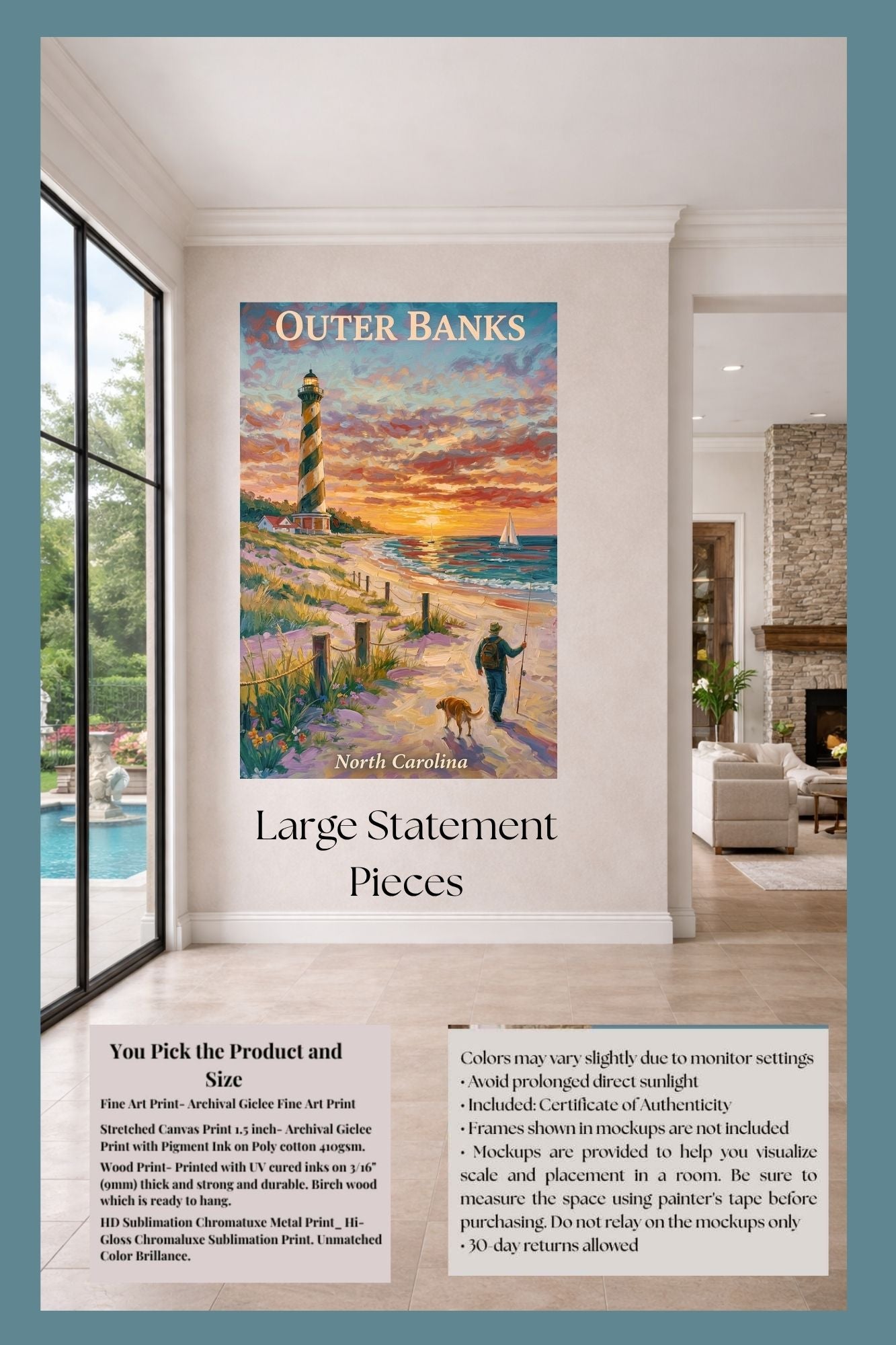 Outer Banks Lighthouse| North Carolina Ocean Print| Beach Art| Travel Poster| Giclee Paper- Wood- Metal- Canvas