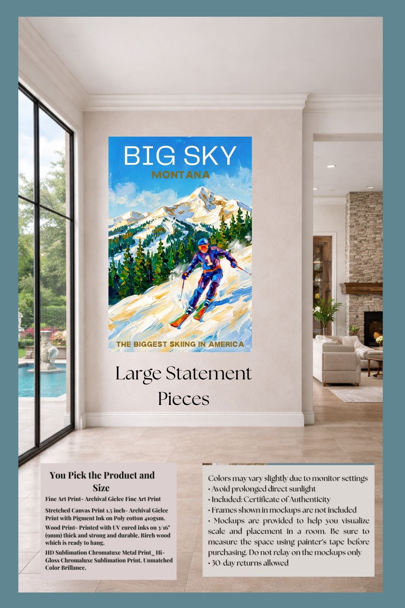 Big Sky Montana | Snow Print| The Biggest Skiing in America Travel Poster | Mountain Ski Resort| Giclée Print on Paper, Canvas, Wood, Metal