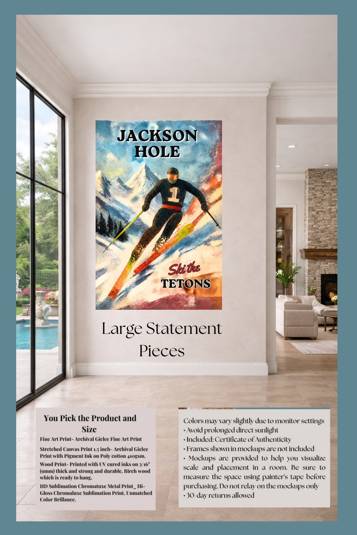 Jackson Hole | Ski the Tetons | Vintage Style Ski Art | Giclée Paper • Wood • Metal • Canvas