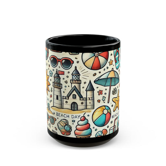 Beach Day Fun- 11 oz or 15 oz Ceramic Black Mugs