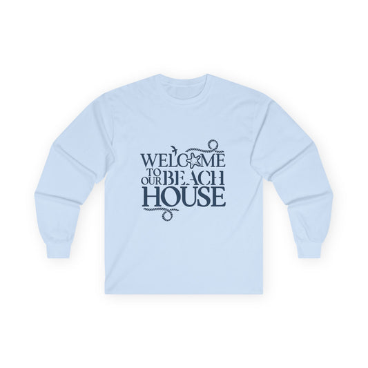 "Welcome the the Beach House with Blue Letters" Long Sleeve Casual Unisex Tee Shirt