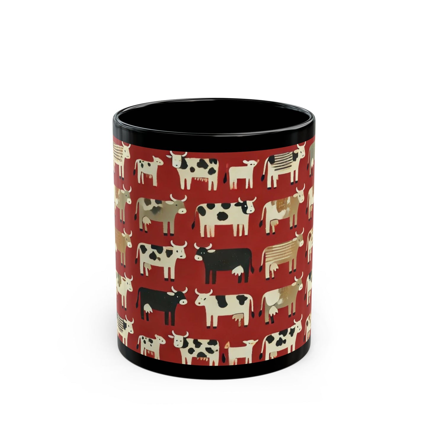 Primitive Boho-Style Cows- 11 oz or 15 oz Ceramic Black Mugs