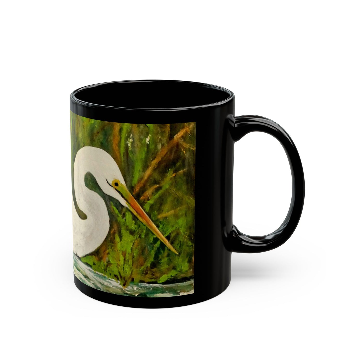 White Egret- 11 oz or 15 oz Ceramic Black Mugs