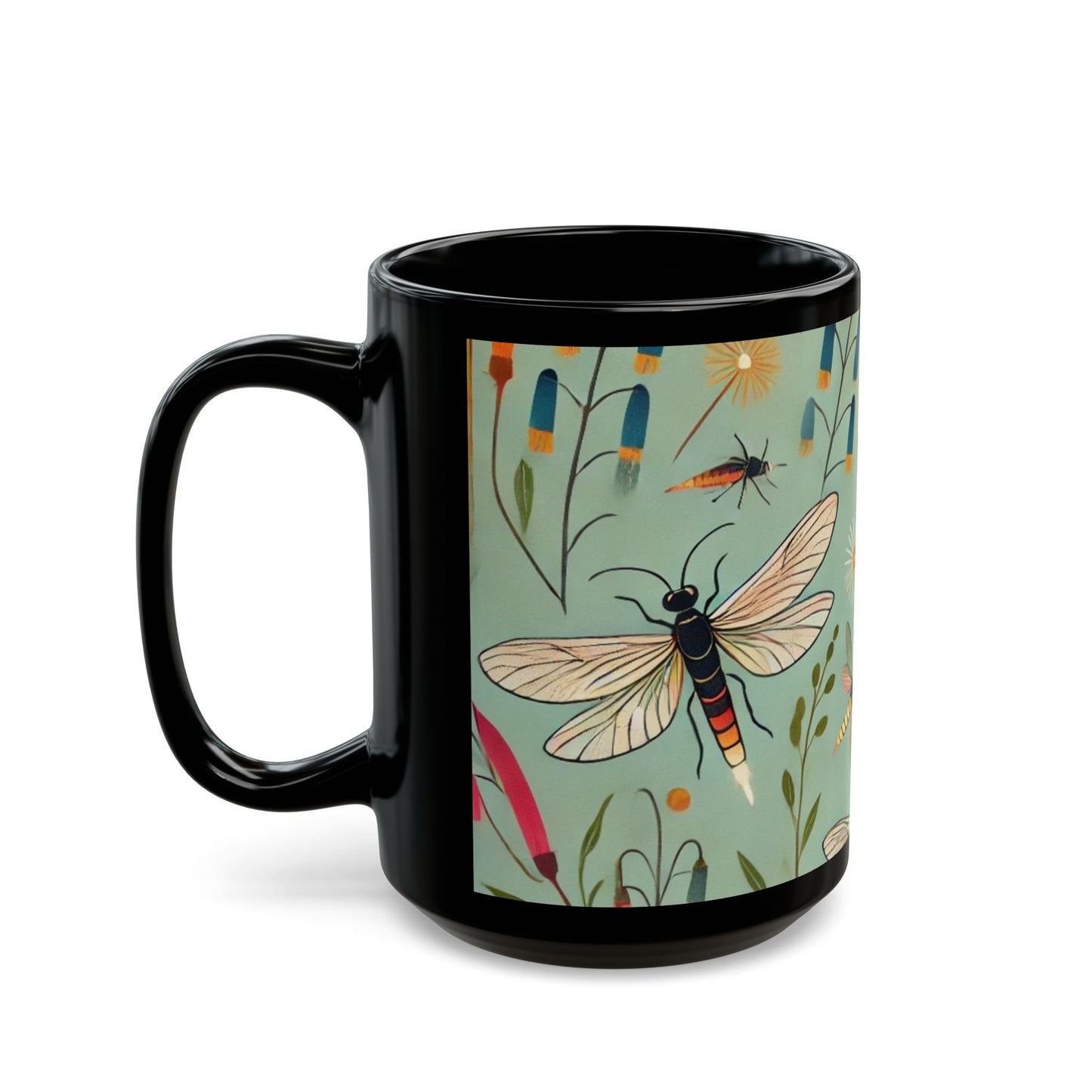 Fireflies and Garden Flowers - 11 oz or 15 oz Ceramic Black Mugs