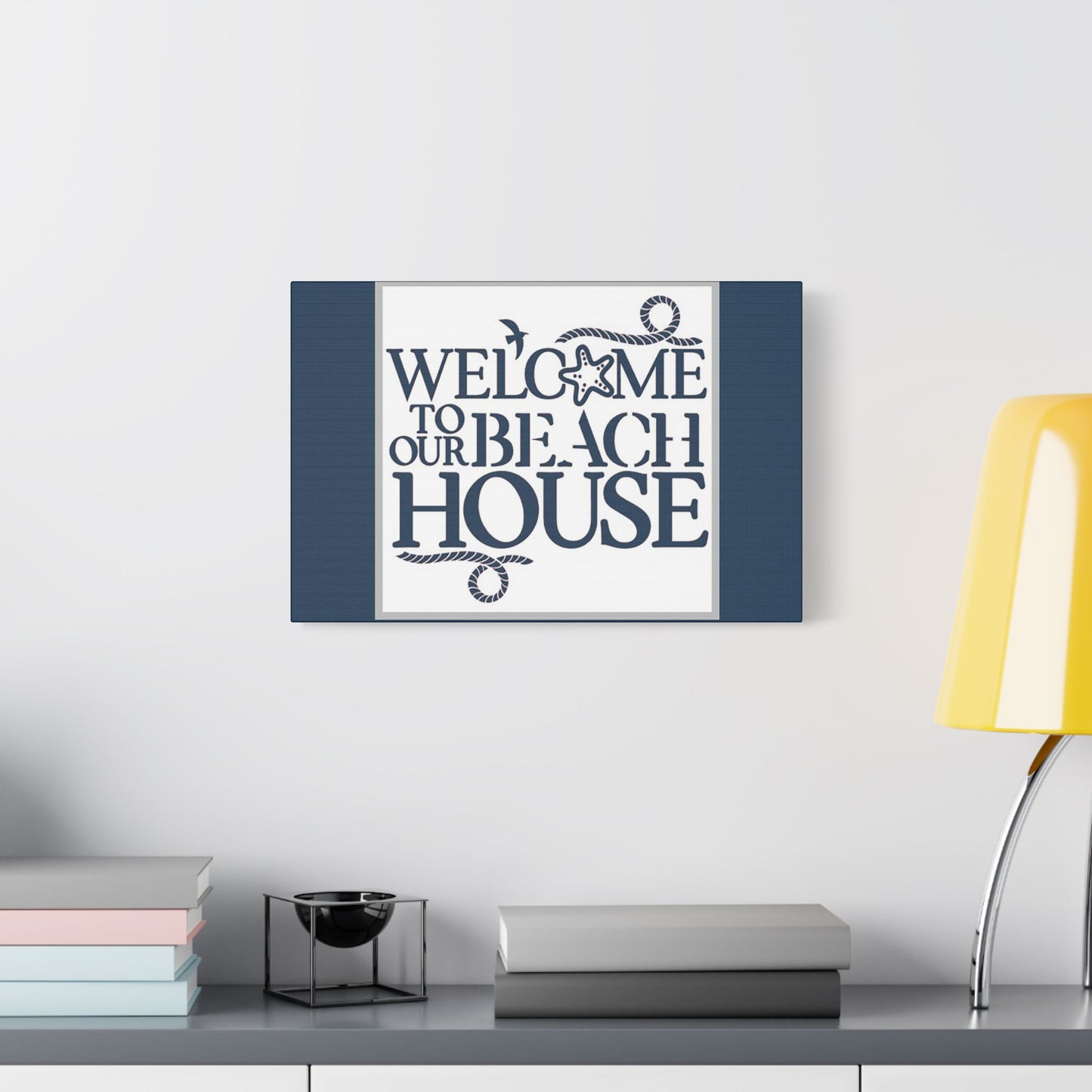 Welcome to Our Beach House- Blue Background - Art- Gallery Wrapped- Satin Stretched Canvas Gallery Wraps - No Frame Needed