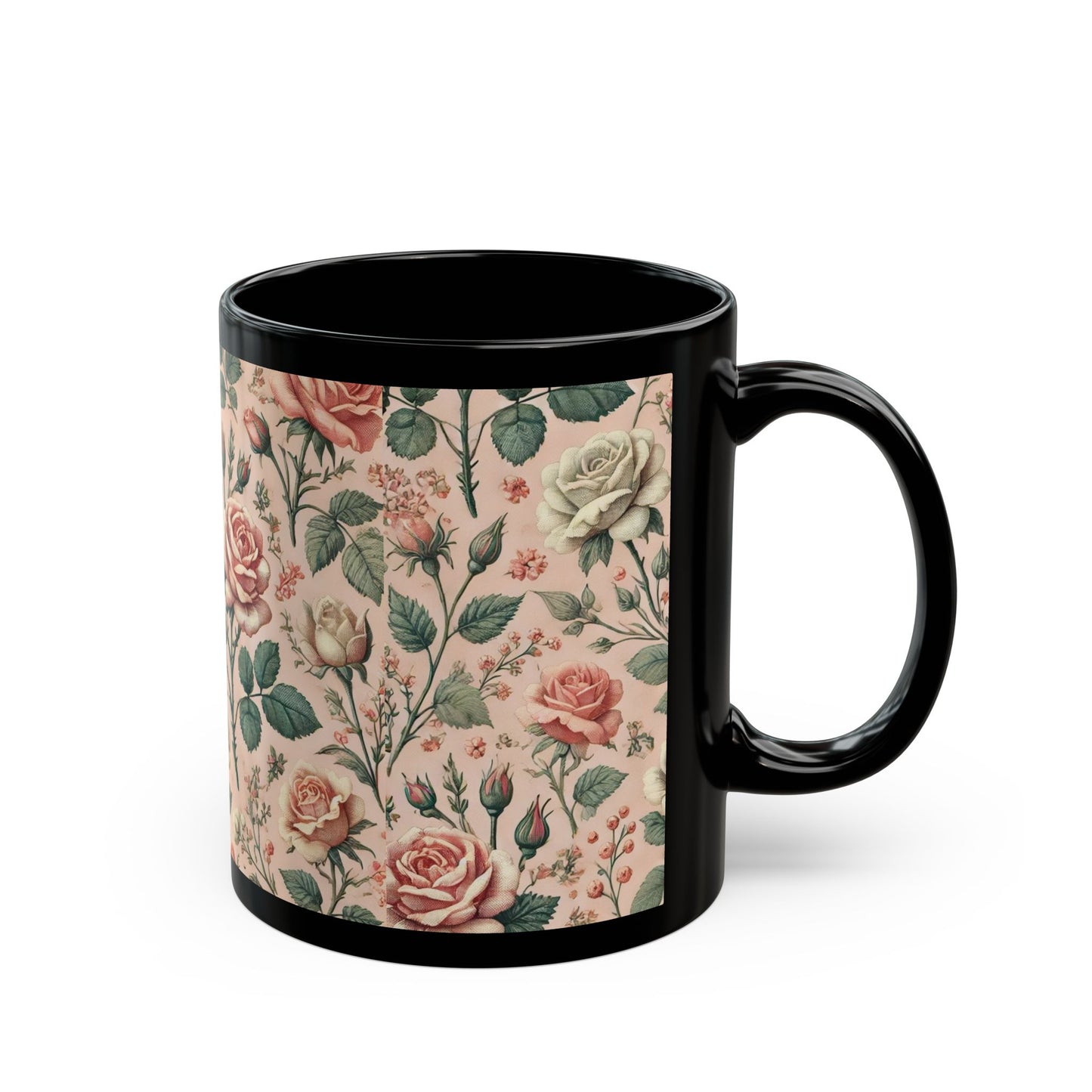 Shabby Chic Pink Roses- 11 oz or 15 oz Ceramic Black Mugs