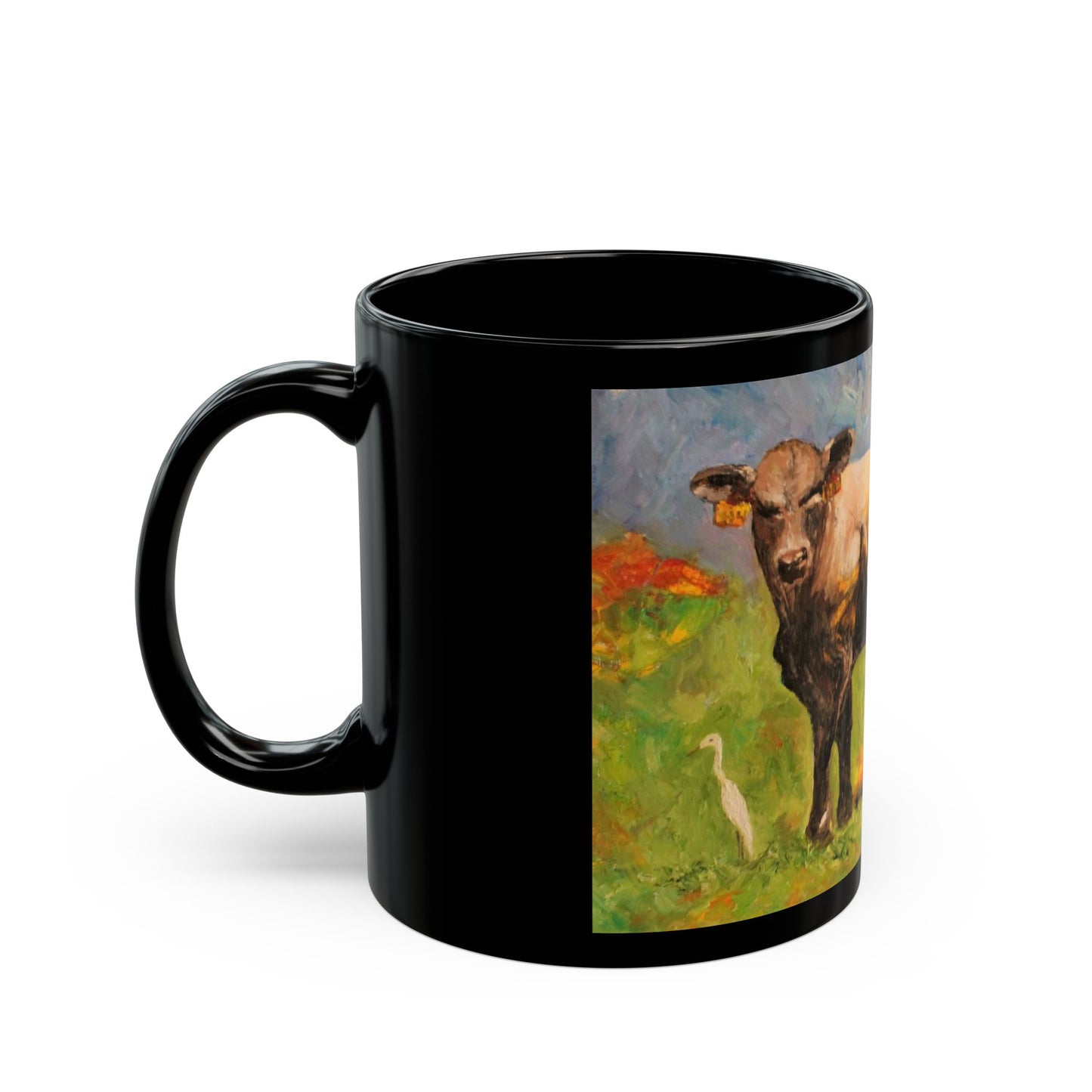 White Egret and the Bull - 11 oz or 15 oz Ceramic Black Mugs