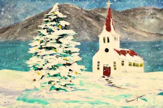 Church In the Rockies| Christmas Tree in Snow art| Giclee Paper- Wood- Metal- Canvas