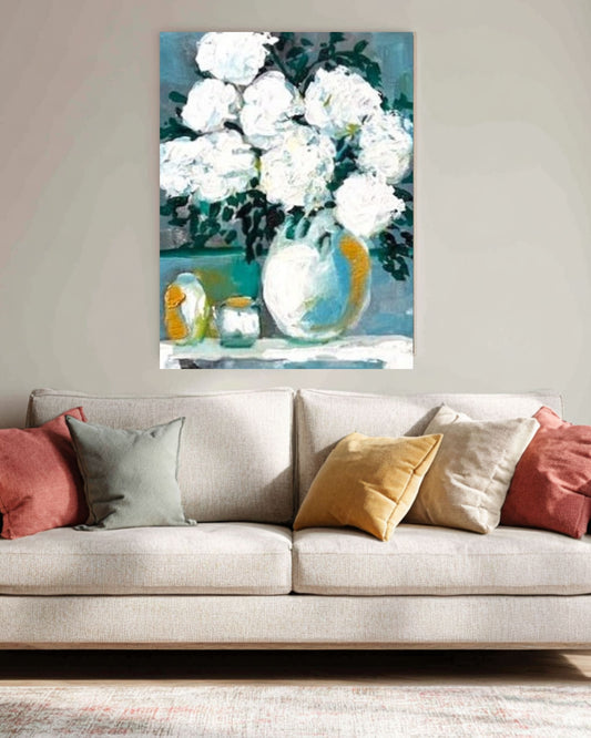 White Hydrangeas Floral Arrangement | Original Floral Art | Giclée Paper • Wood • Metal • Canvas