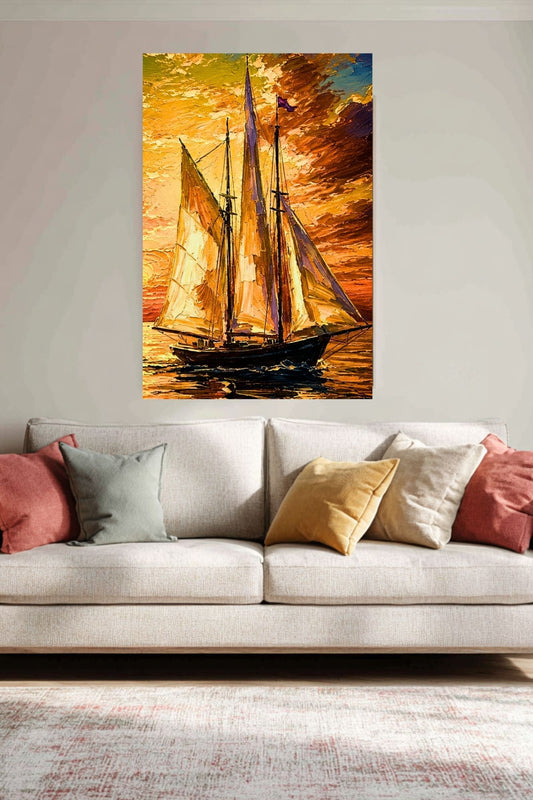 Golden Evening Voyage | Impressionist Sailboat Sunset Wall Art | Coastal Ocean Painting | Giclée Print on Paper, Canvas, Wood & Metal