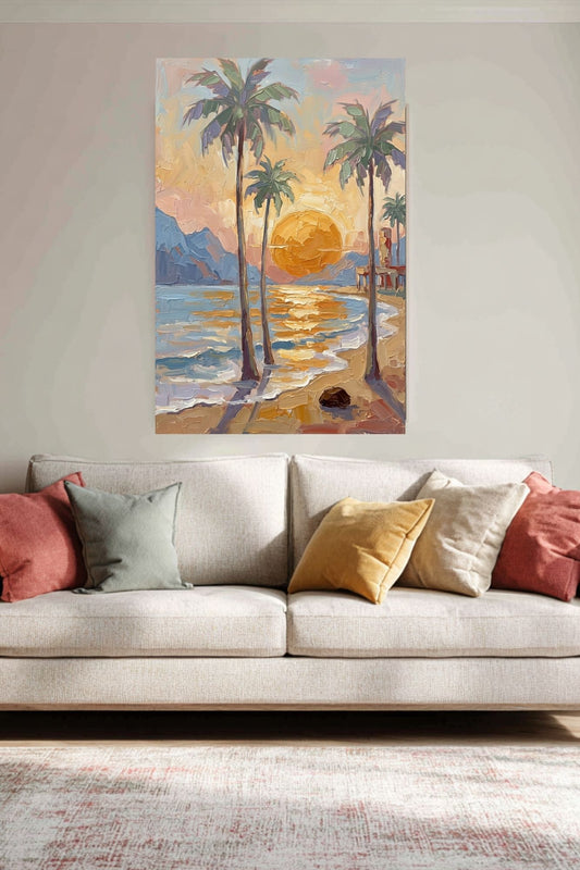 Tropical Sunset View | Impressionist Island Beach Wall Art | Coastal Palm Tree Painting | Giclée Print on Paper, Canvas, Wood & Metal