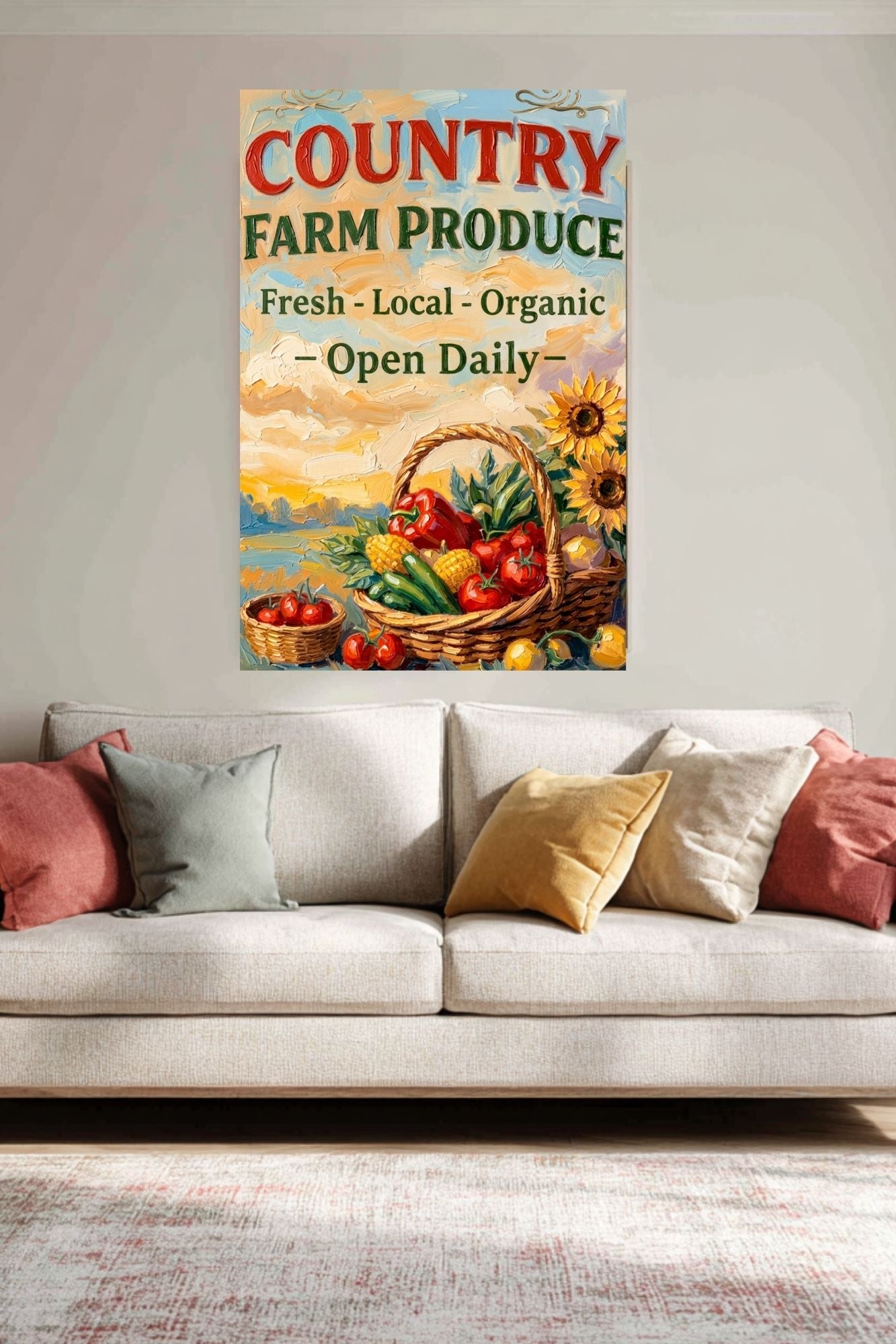 Country Farm Produce Sign | Fresh Local Organic Farm Market Wall Art | Rustic Farmhouse Kitchen Decor | Canvas, Wood, Metal &amp; Giclée Print