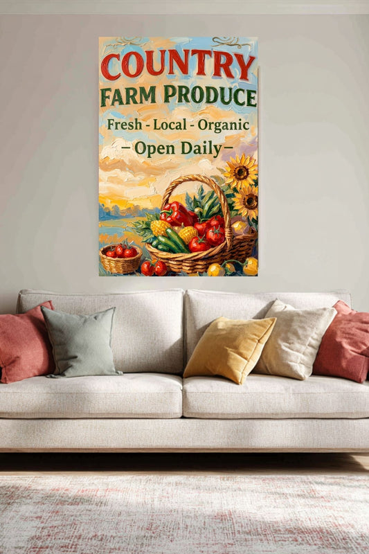Country Farm Produce Sign | Fresh Local Organic Farm Market Wall Art | Rustic Farmhouse Kitchen Decor | Canvas, Wood, Metal &amp; Giclée Print